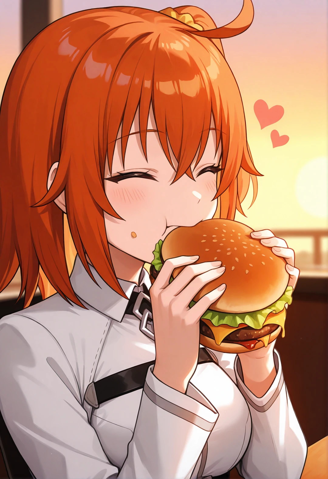 masterpiece, best quality, newest, absurdres, highres, fujimaru ritsuka, unique outfit, cute, portrait, eating a burger, face only, restaurant, sunset, hearts,
 <lora:Fujimaru_Ritsuka_Female:0.8>