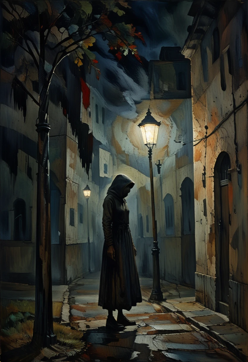 A shadowy figure standing under a single flickering streetlight, Horror and Mystery,in memadukan_painter art style, <lora:Memadukan_Brush_Strokes_of_Fineart_SDXL-000004:1.0>, memadukan_painter, Brush Strokes, Impasto