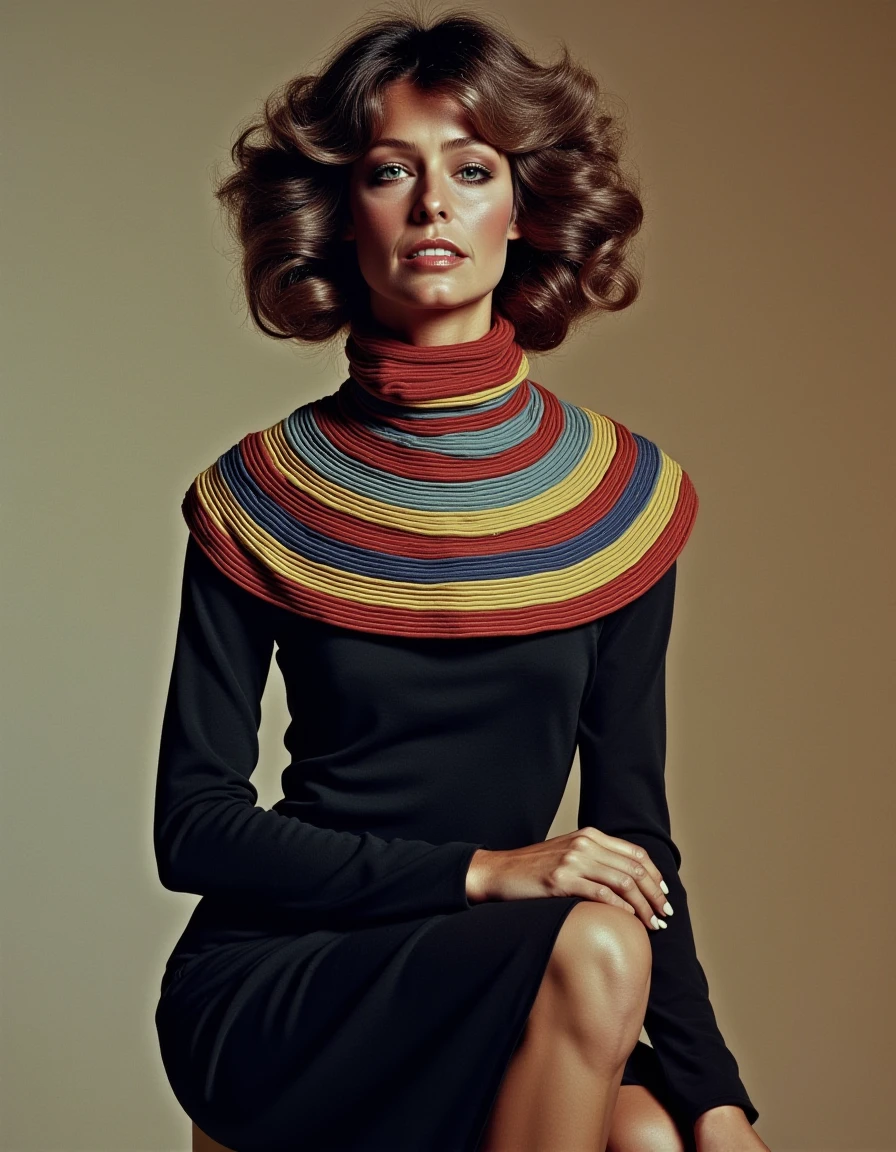 wearing a space dress with a collar that looks like the rings of saturn with different colored rings with elaborately curled hair <lora:farrah-fawcett-charlie-s-angels-flux:1>