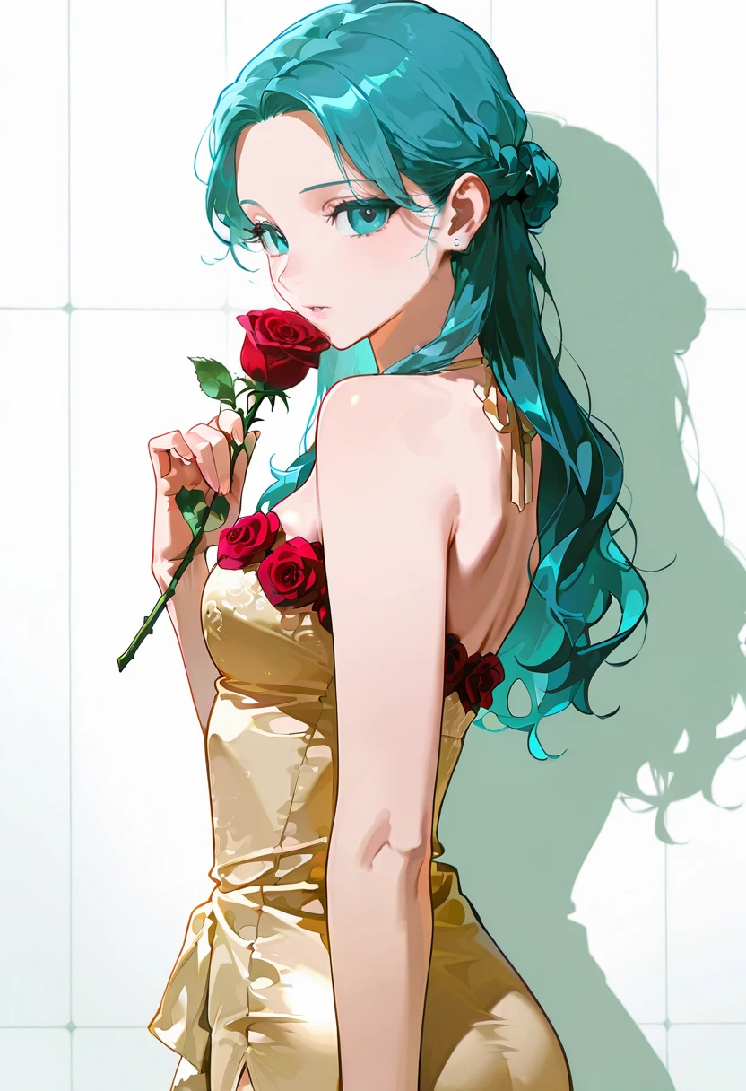 1girl,solo,looking at viewer, echo (circa), wrc dress, bare shoulders, rose, yamagishi_fuuka