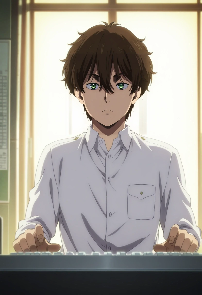 masterpiece, best quality, anime screencap, anime coloring, official style, , , 1boy, male focus, <lora:oreki_houtarou:0.90>, oreki houtaro, brown hair, green eyes, short hair, hair between eyes, bangs, solo, modern office, glass walls, glowing monitors, sleek furniture, typing pose, determined expression, warm lighting, <lora:shingeki_no_kyojin_s4_style_ilxl:1>, shingeki_no_kyojin_s4_style