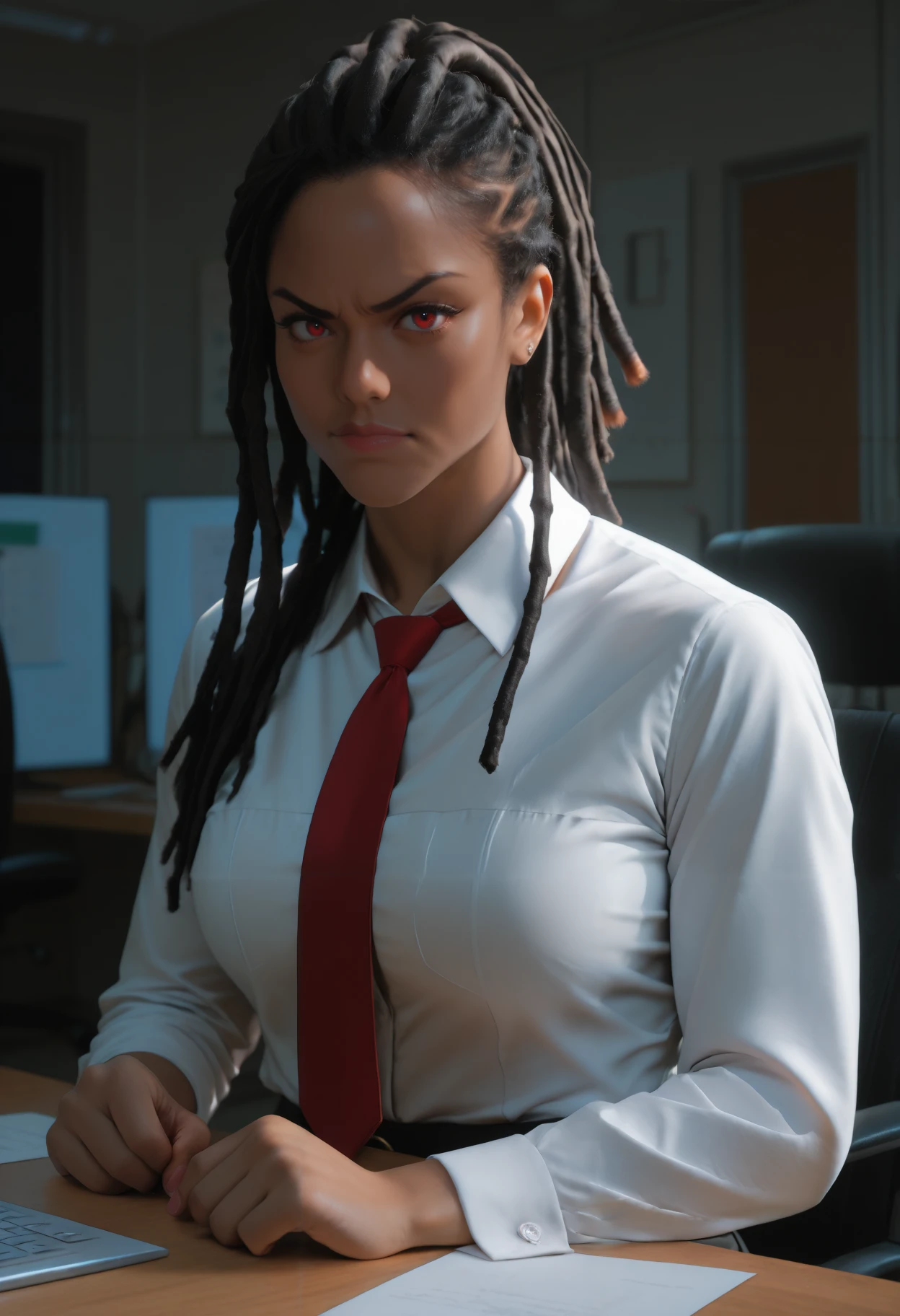 masterpiece, best quality, newest, absurdres, highres, realistic, photorealistic, dark, night, 1girl, solo, kiiraanooir, black hair, long hair, dreadlocks, red eyes, dark-skinned female, office, indoors, sitting on office chair, pov across table, black jacket, red necktie, white collared shirt, looking at viewer, angry, closed mouth,
<lora:kira noir noob 1.1:1>