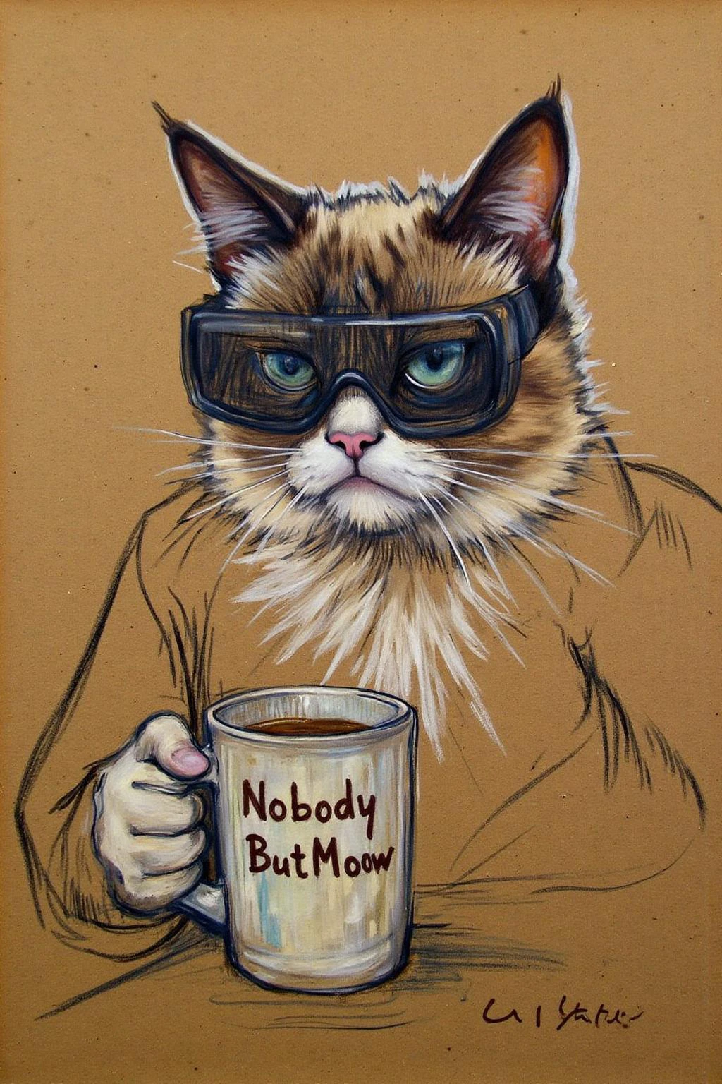 lautrec1 drawing created using charcoal and pastel on brown paper. 
Grumpy Cat holidng a coffee mug, wearing a VR Headset. The mug has the phrase "NobodyButMeow" printed <lora:lautrec3_cap_d6a3e11:1.0><lora:812916337367210837:0>