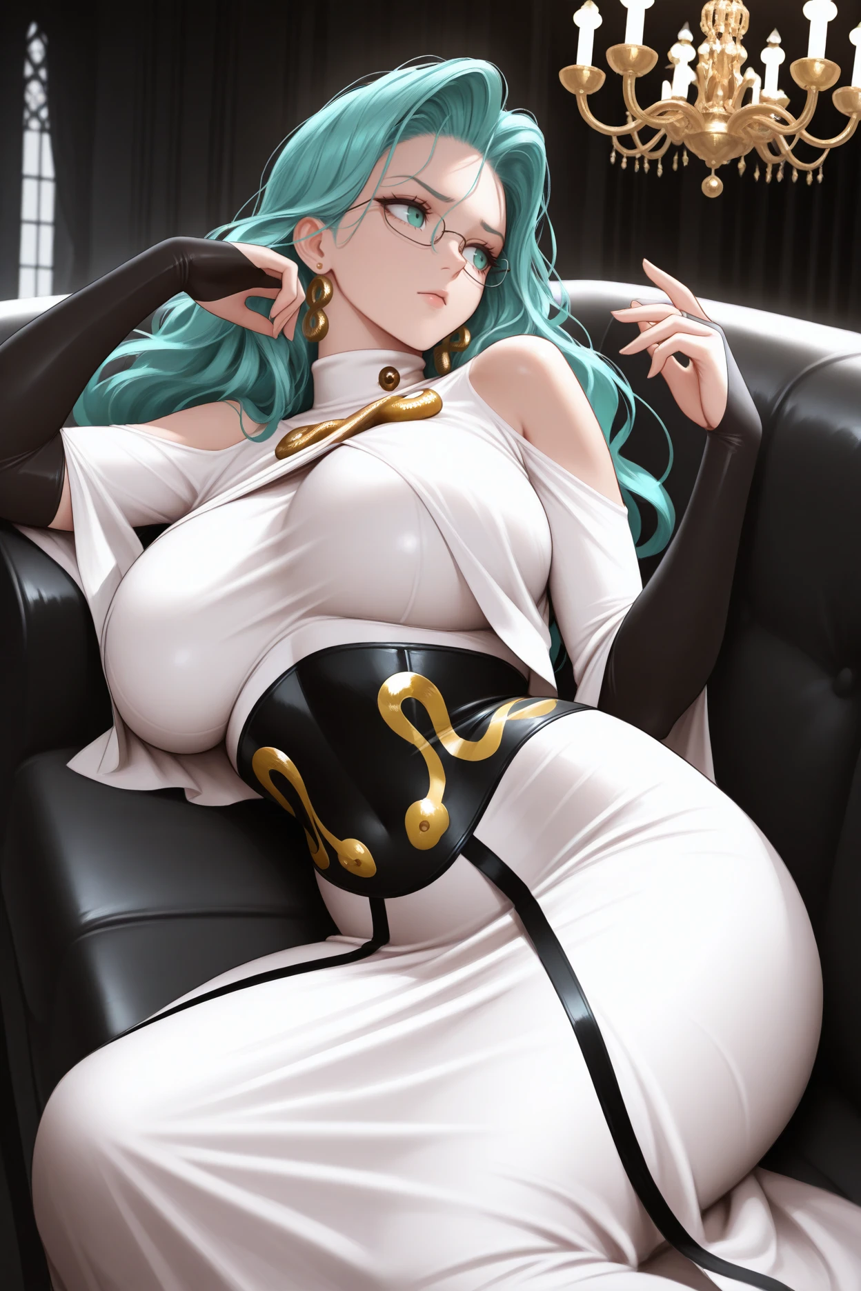 masterpiece, best quality, 1girl, solo, <lora:psykos-illu-nvwls-v1-000006:1> opmpsy, wavy hair, aqua hair, long hair, aqua eyes, large breasts, earrings, glasses, turtleneck, white dress, shoulder cutout, bare shoulders, black underbust, gold brooch, black elbow gloves, bridal gauntlets, long dress, lying on side, long couch, hand up, tired, looking to the side, mansion, chandelier, black theme