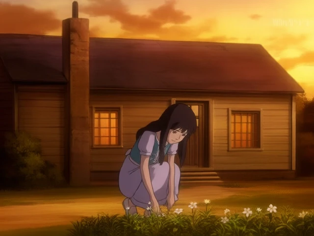 A scene from a Studio Ghibli animated film, featuring a shy girl with long black hair, as she plants flowers in a small garden at sunset, under a warm golden light that bathes the scene, with a wooden cottage in the background, while the camera lingers on her hands, emphasizing care and tenderness.