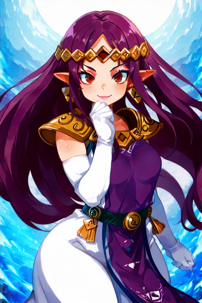 masterpiece, best quality, solo, curvy, beautiful eyes,,<lora:HildaZeldaIXL:1.0>, zzHilda, red eyes, purple hair, long hair, pointy ears,  tiara, white gloves, dress, elbow gloves, jewelry, makeup, earrings, purple tabard, triforce, shoulder armor, tiara,dynamic pose, cowboy shot, smile, looking at viewer, shiny skin,<lora:HaradaTakehitoIXL_v3:1.3>, <lora:ZankuroIXLLight_v2:0.6>,