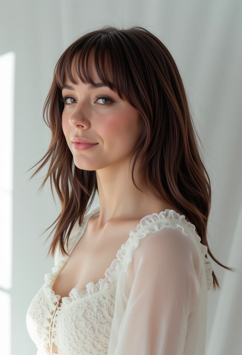 Hyperrealism, she is looking at the camera, (dynamic angles),profile  headshots of a beautiful, stunning unique female character. she has hair. her eyes are filled with joy and excitement, extravagant eyelashes,  A photo of Danny_SCGpV1, She is wearing a white frilly shirt. The woman is posing confidently. simple white background.  She has a slight smile on her face and is looking directly at the camera. The background is a simple white wall.. making this image a masterpiece of photography and digital art. Style: realistic hyper-detailed rendering, 32k UHD, expressive eyes, punk, graphic design, girl's face, pretty and cute, gleaming lips, white skin, telling a tale of adventure. Exuding confidence and serenity. The background is a simple white wall. The overall mood of the image is happy and relaxed.RAW candid cinema,16mm,color graded portra 400 film,remarkable color,ultra realistic,textured skin,remarkable detailed pupils,realistic dull skin noise,visible skin detail,skin fuzz,dry skin,shot with cinematic camera,detailed skin texture,(blush:0.2),(goosebumps:0.3),subsurface scattering,beautiful photograph in the style of Augustus John,Sergio Toppi,Virginia Frances Sterrett,8k HD,detailed skin texture,ultra realistic,textured skin,analog raw photo,cinematic grain,whimsical,detailed hand,perfect hand.perfect style.