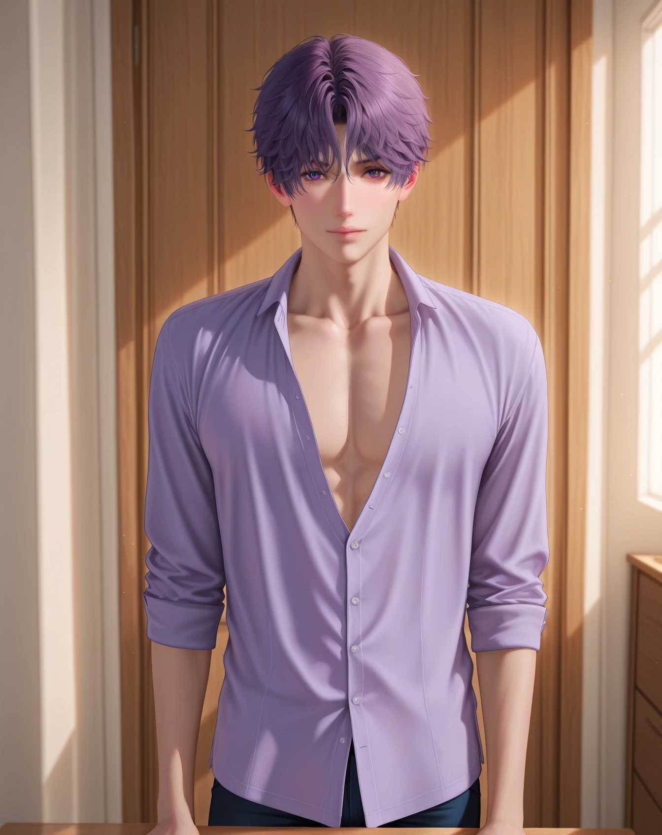 masterpiece, best quality, absurdres, very aesthetic, 
1boy, solo, yaoi, male focus, realistic, original style, 
looking at viewer, cowboy shot, facing viewer,
 <lora:Rafayel_LnDS:1> lndsrafayel, purple hair, purple eyes, short hair, hair between eyes, 
indoors,