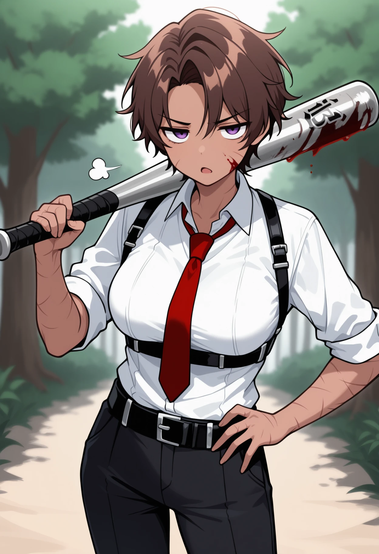 masterpiece, best quality, genderswap \(mtf\), solo, 1girl, htclf, dark-skinned female, scar on face, scar on cheek, scar on arm, scar on hand, blood, blood on face, blood on clothes, unamused, open mouth, sigh, puff of air, looking at viewer, standing, holding baseball bat, hand on own hip, short hair, brown hair, purple eyes, jitome, white shirt, collared shirt, chest harness, red necktie, sleeves rolled up, black pants, black belt, medium breasts, outdoors, tree
<segment:yolo-Anzhc Face seg 640 v2 y8n.pt,0.4,0.5//cid=1>