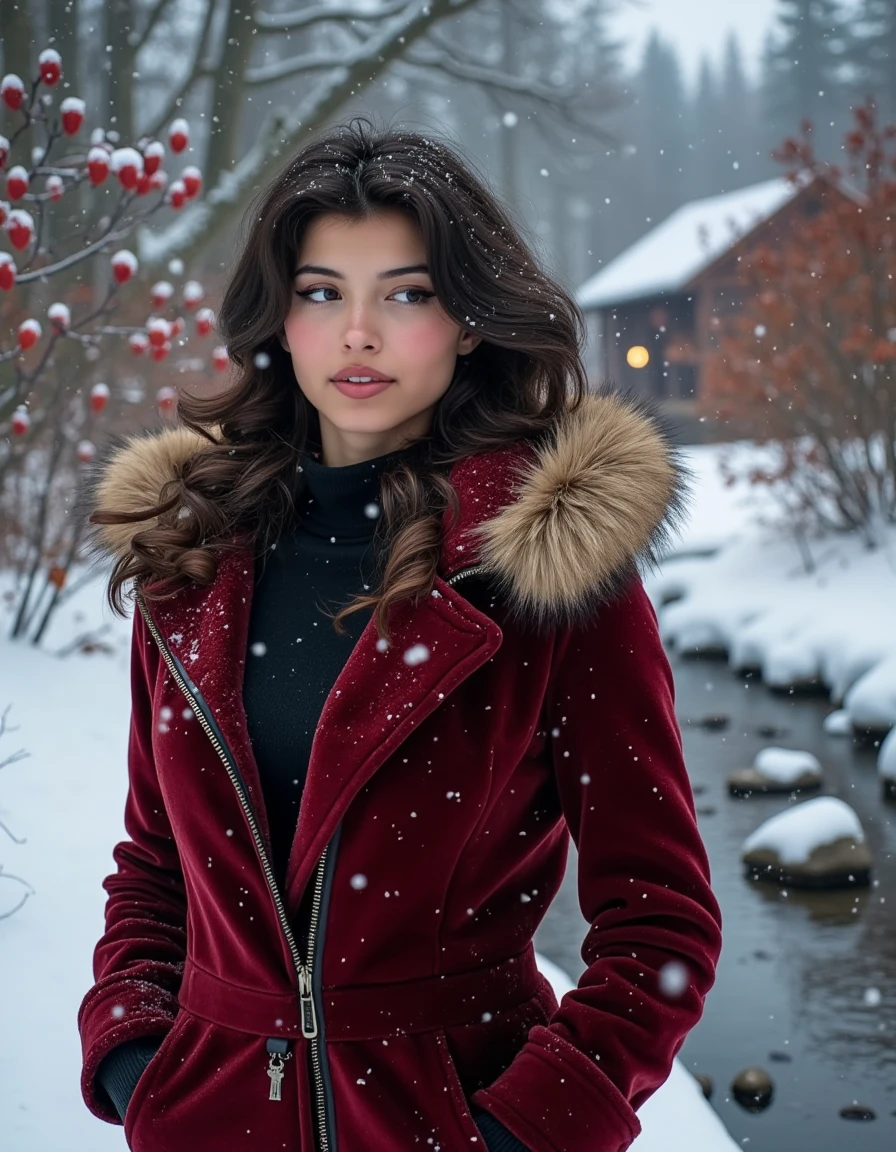 A fierce woman stands in a magical winter wonderland, surrounded by a gentle snowfall and snow-laden trees. She wears a luxurious, deep red velvet coat with a fur-lined hood that frames her face, adding warmth and elegance against the snowy backdrop. Her hair cascades in loose waves, catching a few delicate snowflakes as she gazes softly ahead with a peaceful expression. Around her, pops of color emerge from the winter landscapeâvibrant holly bushes with bright red berries, icy blue streams, and soft, golden light from a distant cabin. The scene captures a sense of beauty, warmth, and serenity amid the colorful, crisp winter surroundings.