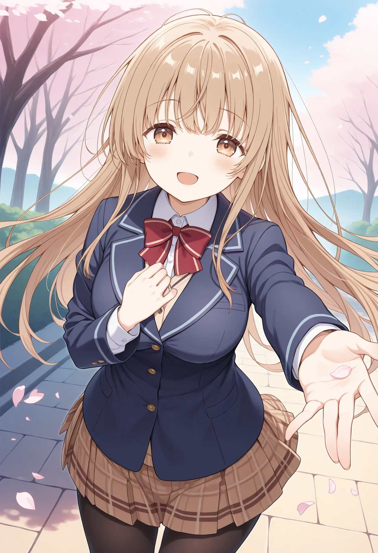 1girl, aamahiru, long hair, brown hair, brown eyes, breasts, school uniform, red bowtie, collared shirt, white shirt, blazer, blue jacket, long sleeves, plaid skirt, brown skirt, black pantyhose, <lora:shiina_mahiru_ilxl_v1:0.9>, standing, cowboy shot, outdoors, smile, open mouth, reaching, petals,
masterpiece, best quality, amazing quality,