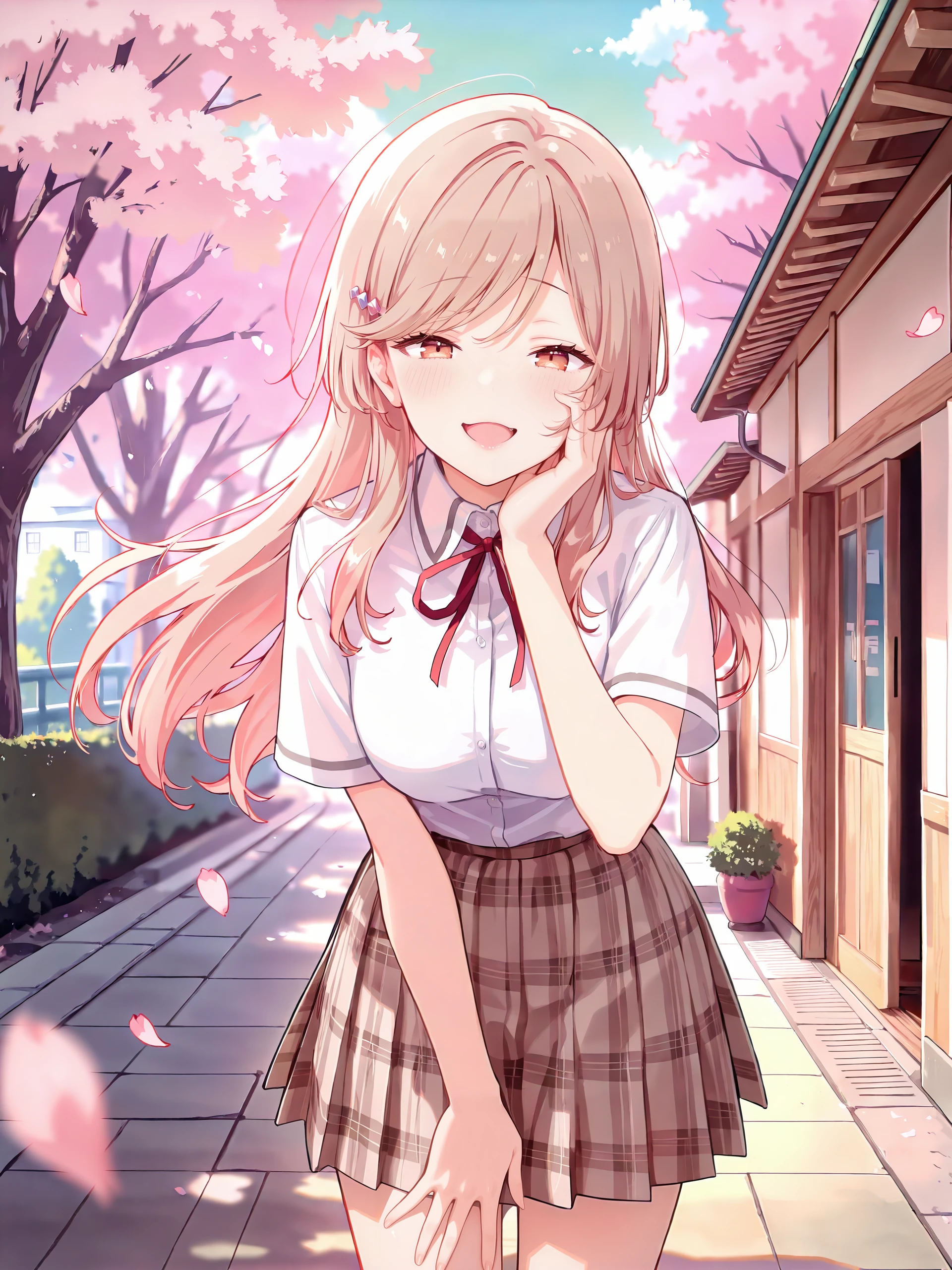 1girl, sena ajisai, hairclip, solo, school uniform, pleated skirt, plaid skirt, white collared shirt, neck ribbon, looking at viewer, light smile, open mouth, naughty face, hand on own face, standing, cowboy shot, outdoors, street, cherry blossoms, petals, depth of field , <lora:Char-Sena_Ajisai-V1-IL:0.9>
masterpiece, best quality, amazing quality, very aesthetic, absurdres, (ask \(askzy\), hiten \(hitenkei\):0.7), perfect features, intricate details, ray tracing, <lora:XL-detailed_notrigger:1:hr=0.5>