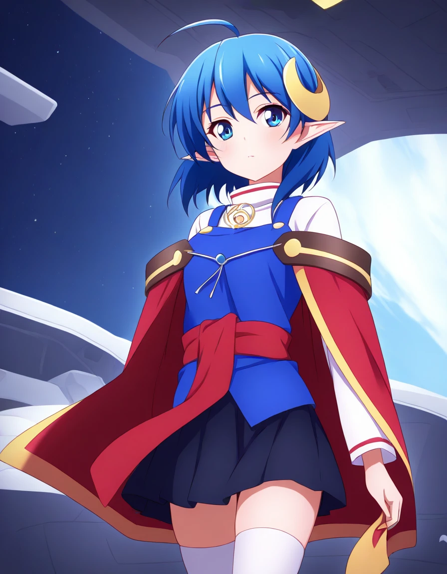 <lora:so2rena_SDXL_Illustrious_fp16_ver01:1>,so2rena, 1girl, skirt, blue hair,blue eyes, ahoge,crescent hair ornament, red cape,white thighhighs,  cape,in spacecraft,spacecraft interior,cowboy shot,newest, <lora:HairintakesEraser_v01_illustrious_10steps:1.5>, masterpiece, best quality, very aesthetic, absurdres,<lora:detailed_hands:1>,hand