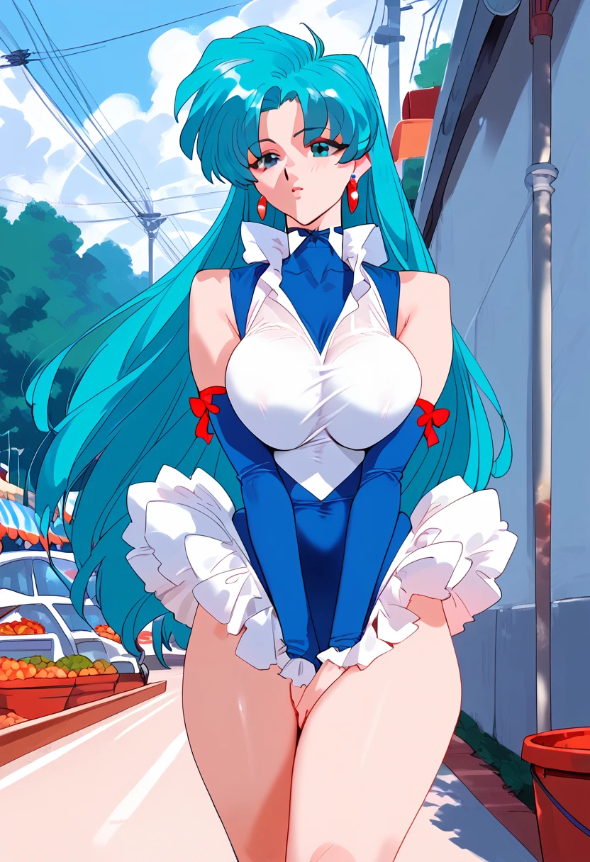 score_9, score_8_up, score_7_up, score_6_up, score_5_up, score_4_up, masterpiece, best quality, BREAK,
1girl, outdoors,   <lora:Milfy_Viper:1> milfyviper, long hair, large breasts, aqua hair female, earrings, detached sleeves, leotard,  <lora:aki:1>