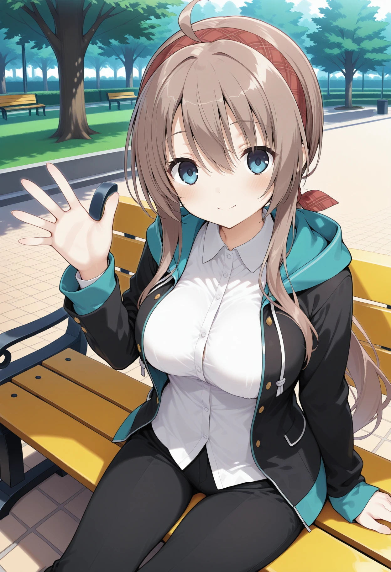 1girl, aatsumugi, long hair, brown hair, low ponytail, ahoge, plaid hairband, red hairband, blue eyes, breasts, school uniform, white shirt, hooded jacket, black jacket, open jacket, long sleeves, black pants, <lora:shiiba_tsumugi_ilxl_v1:0.9>, park, bench, sitting, waving, looking at viewer, smile,
masterpiece, best quality, amazing quality,