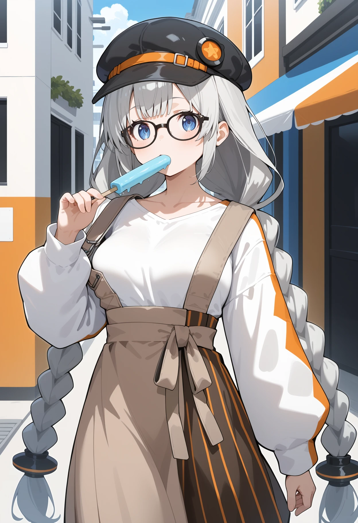 score_9, score_8_up, score_7_up, score_6_up, score_5_up, score_4_up, source_anime, aaakari, long hair, grey hair, twin braids, cabbie hat, black headwear, blue eyes, glasses, breasts, collarbone, white shirt, long sleeves, suspender skirt, high-waist skirt, brown skirt, <lora:kizuna_akari_ponyxl_v1:0.9>, street, walking, cowboy shot, holding popsicle, eating, mouth hold,