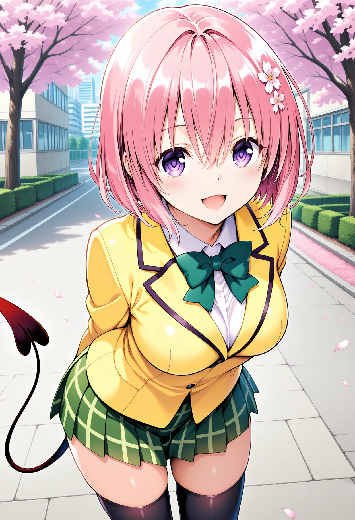 1girl, aamomo, short hair, pink hair, hair flower, purple eyes, medium breasts, demon tail, school uniform, green bowtie, white shirt, blazer, yellow jacket, long sleeves, plaid skirt, green skirt, black thighhighs, <lora:momo_velia_deviluke_ilxl_v1:0.9>, arms behind back, leaning forward, standing, outdoors, open mouth, cherry blossoms, smile, building, road,
masterpiece, best quality, amazing quality,