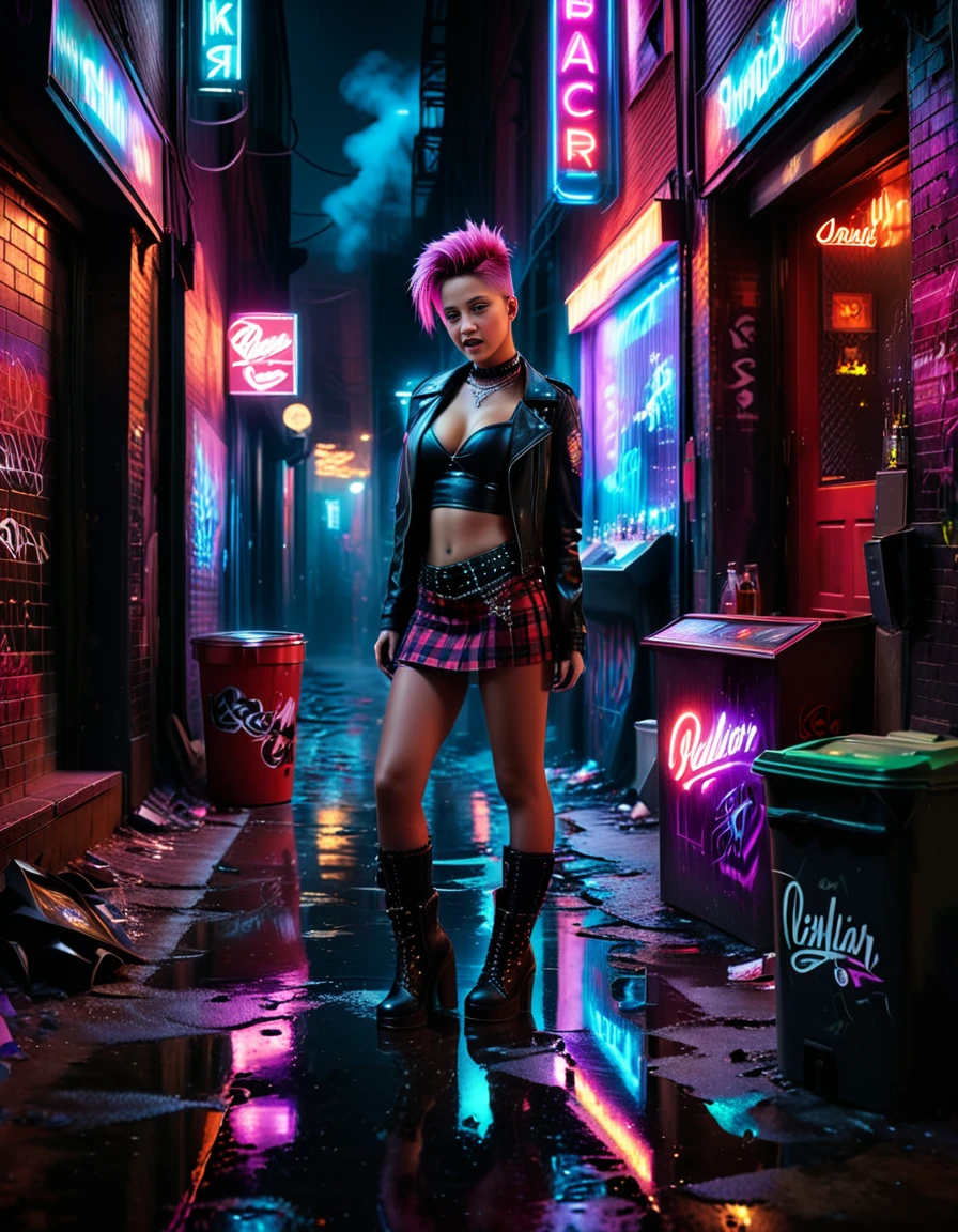 A young woman dressed in punk style standing confidently in a gritty alleyway,all3yway behind a strip club. She wears a leather jacket adorned with spikes, a ripped band T-shirt,a red bra, a plaid skirt with chains, fishnet stockings, and combat boots,a bdsm choker. Her hair is styled in a bold mohawk dyed in vibrant colors like pink and green. Her expression is fierce and rebellious, with smudged dark eyeliner emphasizing her bold look. The alleyway is dimly lit with neon signs casting reflections on wet pavement. Trash bins, graffiti-covered walls, and a faint purple glow from a backdoor light add to the atmosphere. A hint of smoke lingers in the air, completing the urban, edgy vibe of the scene.<lora:SDXLFaeTastic2400:0.4> <lora:extremely_detailed:0.4> extremely detailed, <lora:all3yway:1>, Masterpiece,best quality,hi res,8k,hi res,8k,award winning,(sharp focus, intricate, highly detailed),