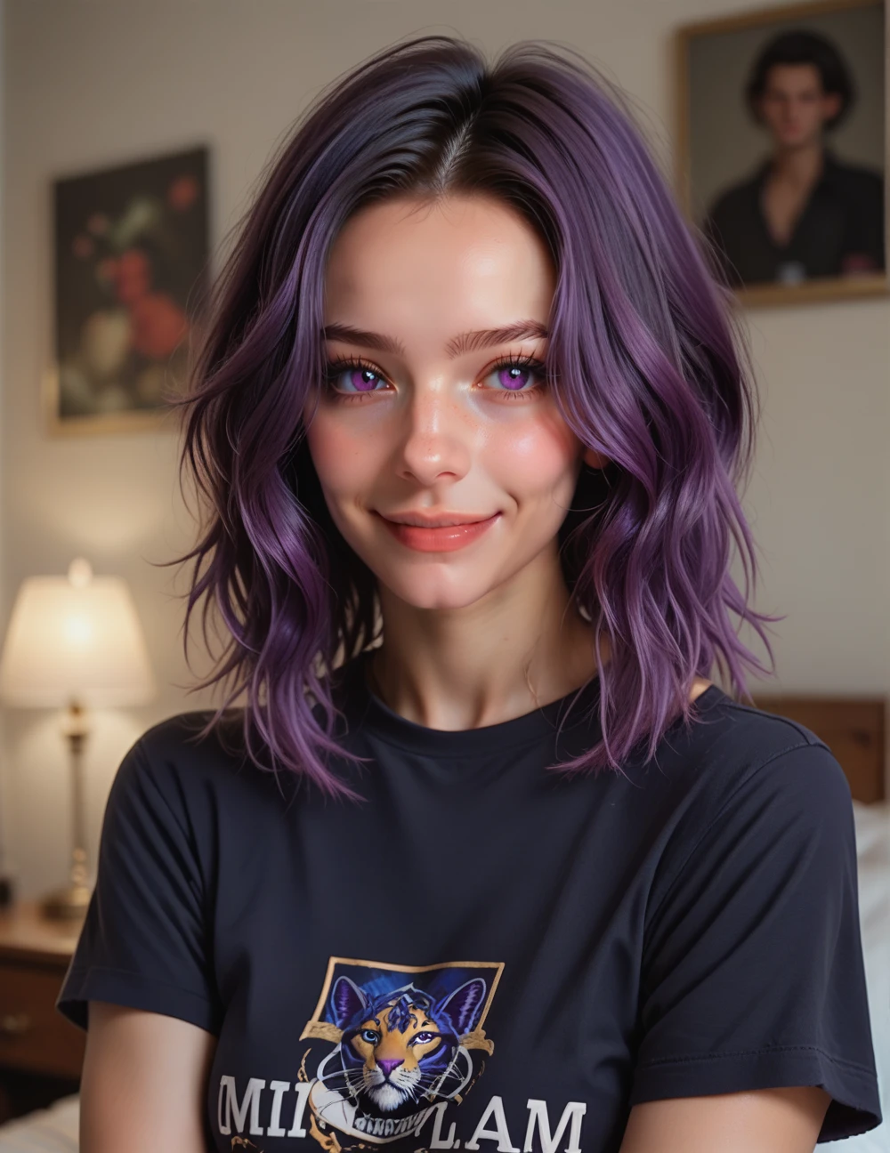 score_9, score_8_up, score_8, score_7_up, score_7,
Portrait of a beautiful girl, 25 years old, with dark purple hair, purple dark eyes, room, short black shirt, smile,
<lora:topmodel:1>
<lora:julia_pony_final:1> juliaponyvf