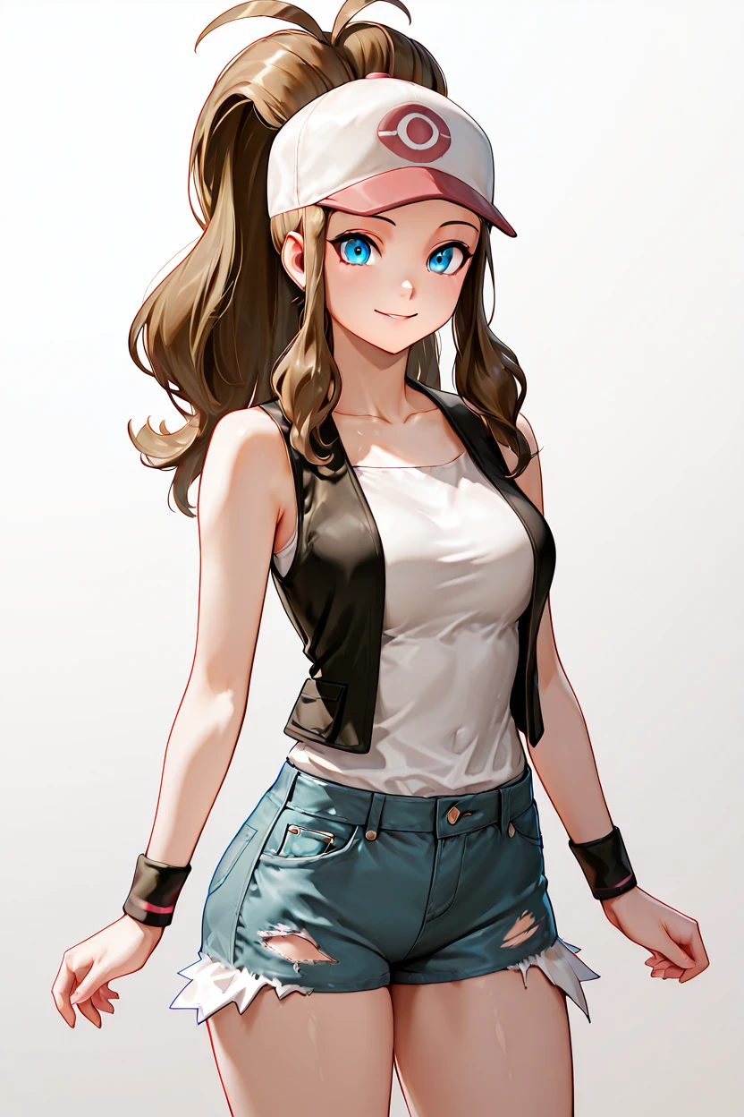 masterpiece, best quality, medium breasts, BREAK, zzHilda, blue eyes, long hair, high ponytail, sidelocks, hat, collarbone, white shirt, black vest, sleeveless, wristband, short shorts, denim shorts, exposed pocket, <lora:HildaPokemonIXL_e08:1.0>,smile, looking at viewer, cowboy shot, <lora:BeautifulPeaches:1.0>,