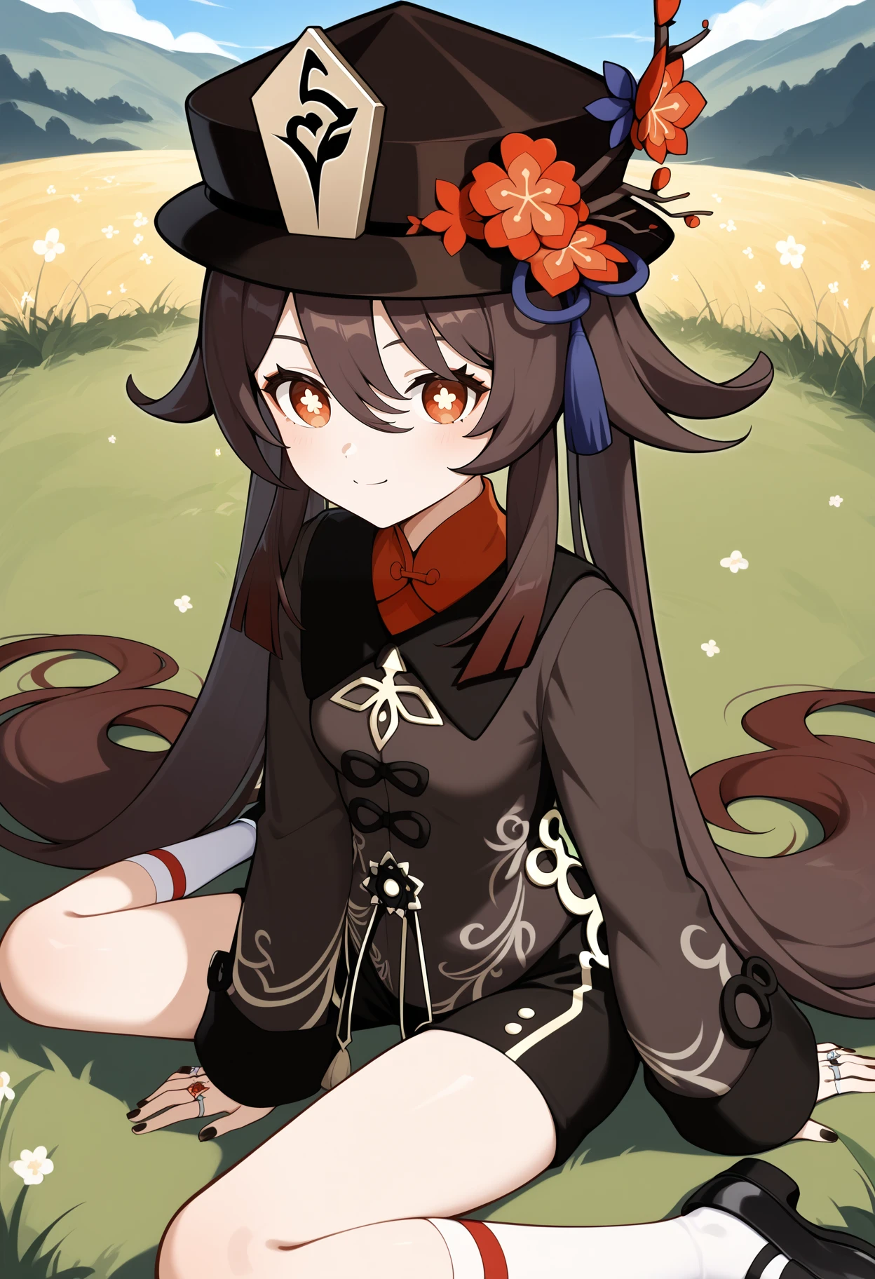 score_9, score_8_up, score_7_up, score_6_up, score_5_up, score_4_up, source_anime, aahutao, long hair, brown hair, twintails, porkpie hat, black headwear, hat flower, red eyes, flower-shaped pupils, small breasts, black shirt, long sleeves, ring, short shorts, black shorts, <lora:hu_tao_(genshin_impact)_ponyxl_v1:0.9>, field, grass, sitting, on floor, white socks, black footwear,
