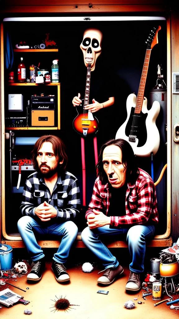 <lora:EverlyHeightsWeirdosFLUX:1> "Grunge Weirdos: Smells Like Flux Spirit" â A moody parody of a 1990s grunge album cover, featuring brooding characters in flannel shirts sitting in a messy, surreal garage, surrounded by instruments that seem alive.