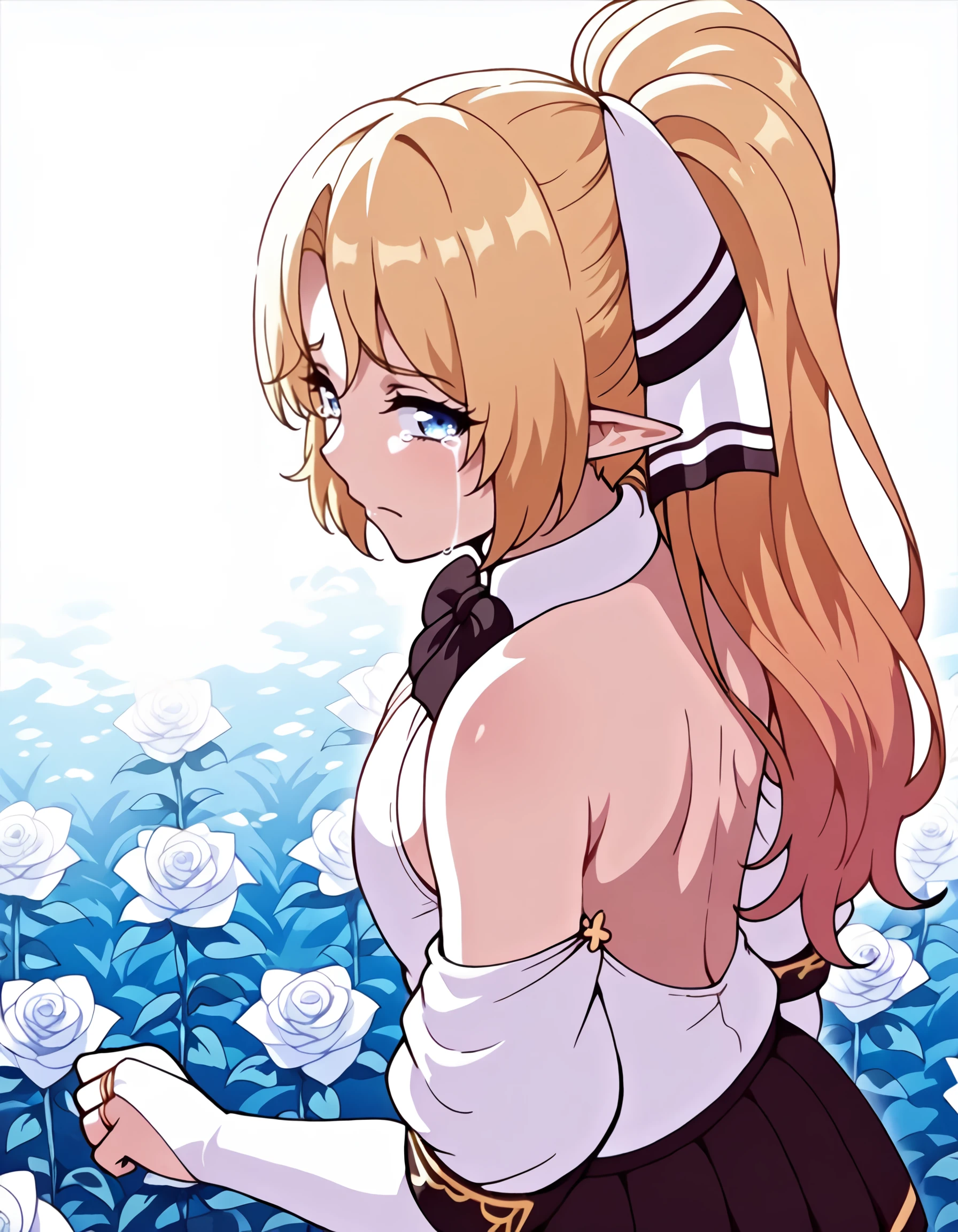 <lora:enjo_kouhai_-_thea_eaderlindt,_iris_il:1> enjo_kouhai_-_thea_eaderlindt,_iris, long_hair, blonde_hair,  hair_ribbon, ponytail, pointy_ears, elf, medium_breasts, white_shirt, short_sleeves, puffy_sleeves, black_bowtie, bridal_gauntlets, pleated_skirt, black_skirt, shadow, contrast, glow, neon_trim, (nyantcha:1.0), 1girl, back, blue_flower, blue_theme, blue_veil, breasts, closed_mouth, crying, flower, from_behind, jewelry, looking_at_viewer, medium_breasts, rose, sleeveless, solo, tears, two-tone_veil, upper_body, veil, white_background, white_flower, white_rose, white_veil, field, imageboard_colors, masterpiece, detailed, best_quality