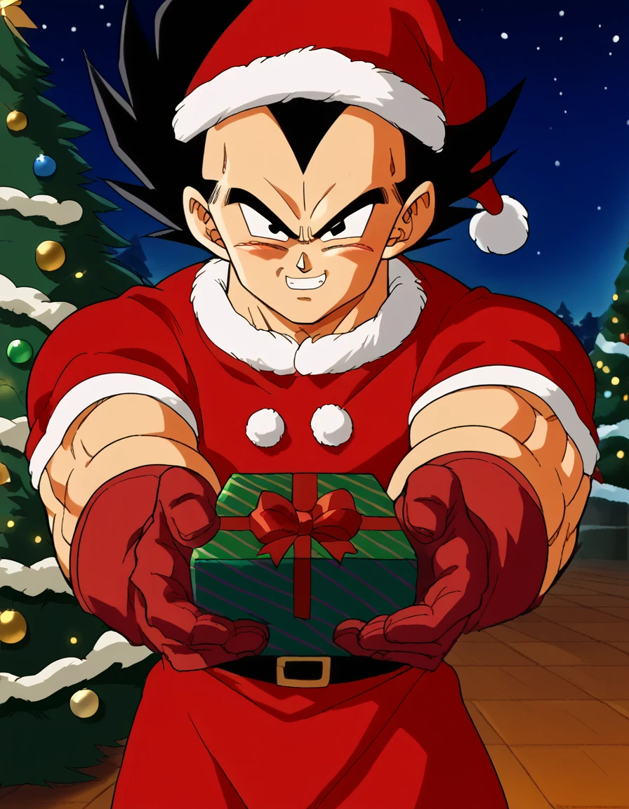 score_9, score_8_up, score_7_up, source_anime, <lora:vegeta-anime-ponyxl-lora-nochekaiser:1>, vegeta, black hair, male focus, black eyes, muscular, muscular male, spiked hair, retro artstyle, anime screencap, <lora:santa-costume-ponyxl-lora-nochekaiser:1>, santa costume, santa hat, christmas, sack, merry christmas, gift, fur-trimmed headwear, holding sack, santa dress, fur-trimmed dress, christmas tree, christmas tree, fur trim, red capelet, gift box, red gloves, fur-trimmed capelet, santa gloves, red hat, hat,, smile, blush, looking at viewer, <lora:incoming-gift-ponyxl-lora-nochekaiser:1>, incoming gift, outstretched arms, holding, holding gift, gift, gift box,, , dutch angle, cowboy shot