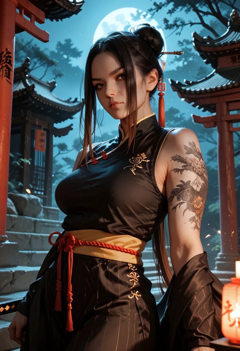 score_9, score_8_up, score_7_up, score_6_up, 1woman, mature woman,Mei, MeiRH,
Very long black hair, brown gradient hair, high hair bun, brown eyes, pale skin, medium breasts, full right arm tattoo, sleeveless_kimono, Chinese attire, detailed background, chinese temple, tough face, night, dynamic pose, shadows, posing, Standing, holding a sword, dark light, night,