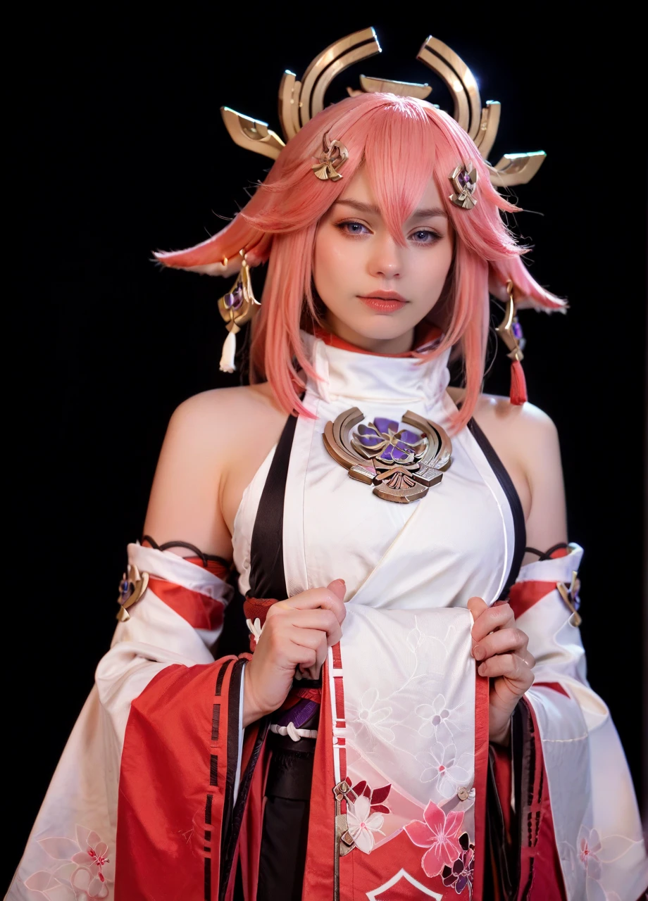 <lora:Cosplay_Shadory-PONY:0.8> shadorycos, 1girl, solo, yae miko (genshin), pink hair, hair ornament, animal ears, detached sleeves, japanese clothes, cosplay, cowboy shot, black background, photo, score_8_up, score_7_up, score_6_up, score_5_up, score_4_up,