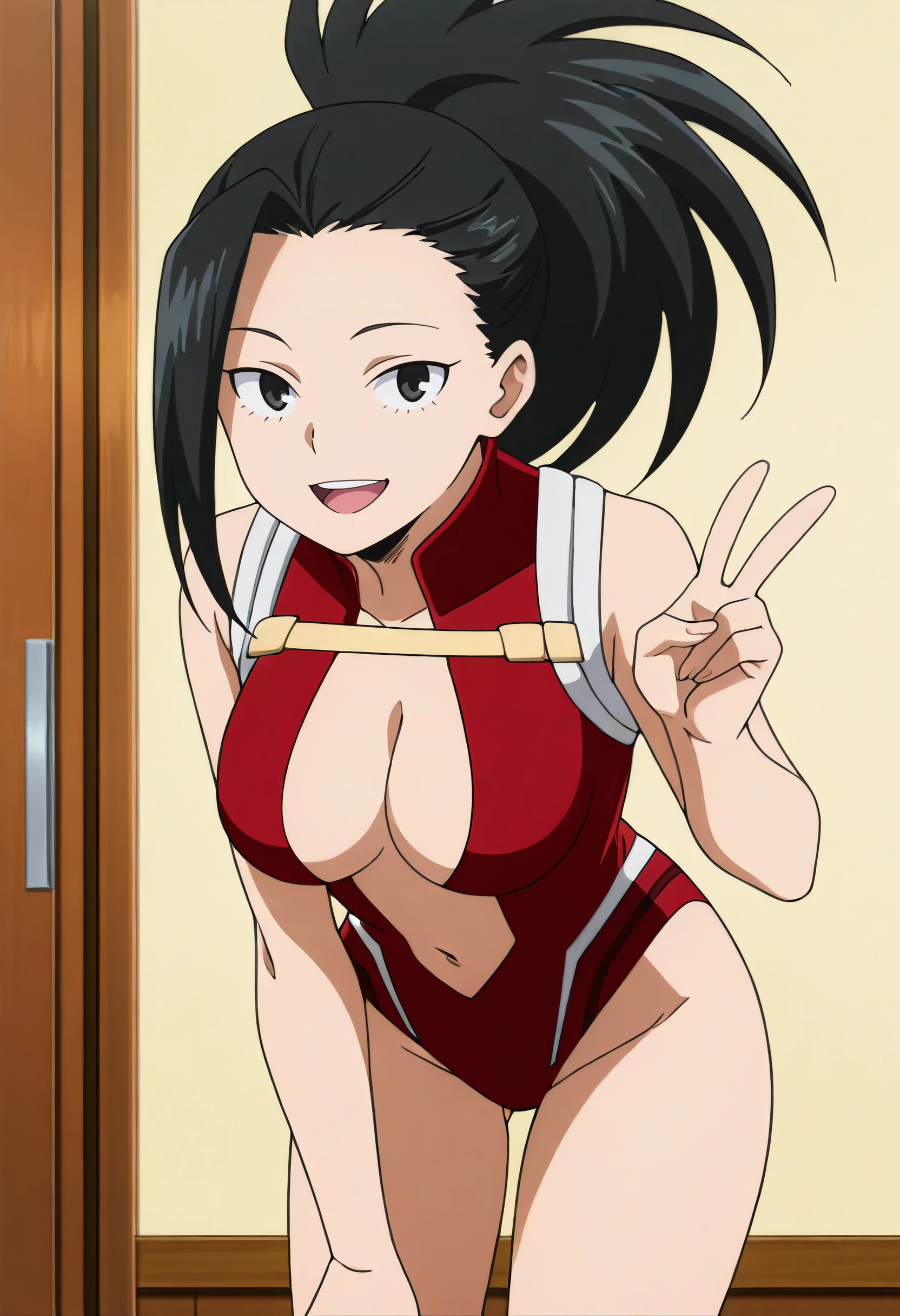 1girl, solo, m0y4, black hair, ponytail, black eyes, indoors, large breasts, red leotard, herooutfit, navel, leaning forward, v, smile, open mouth, looking at viewer, anime screencap, anime coloring, masterpiece, best quality, amazing quality, <lora:Momo_Yaoyorozu-My_Hero_Academia-ilibibu-IL-v1:0.8>