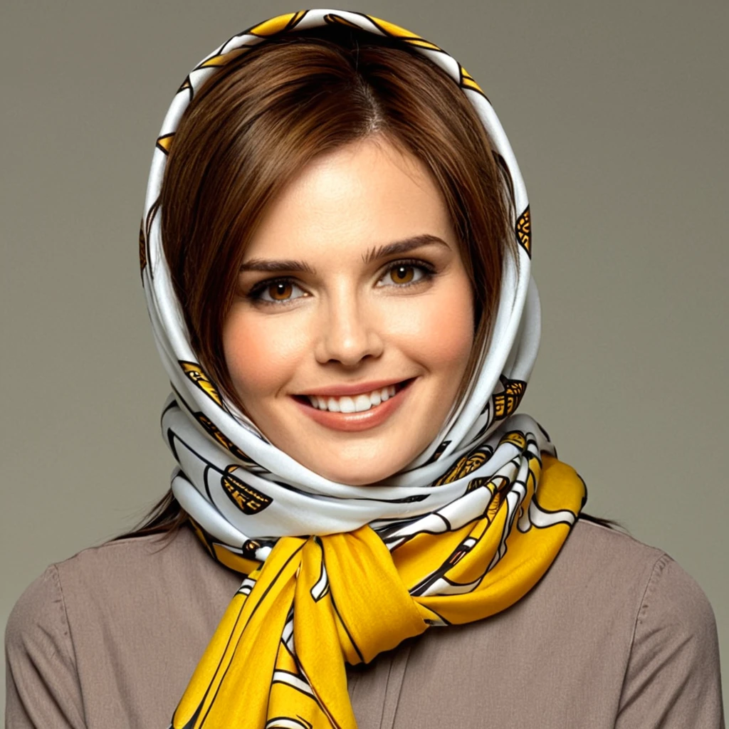 comic book art of <lora:scarf style xl v1:1>
scarf a woman wearing a scarf and a yellow shirt, scarf style, solo, looking at viewer, smile, brown hair, closed mouth, upper body, grey eyes, lips
, comic art, graphic novel illustration