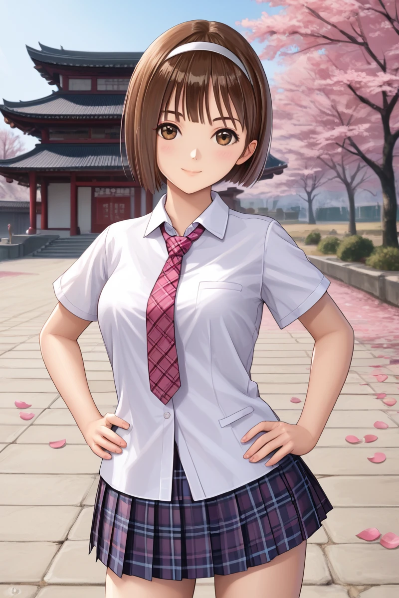 1girl, solo, looking at viewer, short hair, skirt, japanese temple, sakura petal, sakura tree, center of attention,  brown hair, brown eyes, school uniform, standing, jacket, cowboy shot, pleated skirt, hairband, necktie, hand on hip, plaid, plaid skirt, bob cut,  Hoshizaki Ao, white shirt, short sleeves, school uniform outfit,<lora:Hoshizaki_Ao_Blue_Reflection_Pony:0.95>,  sexy pose, sexy smile,