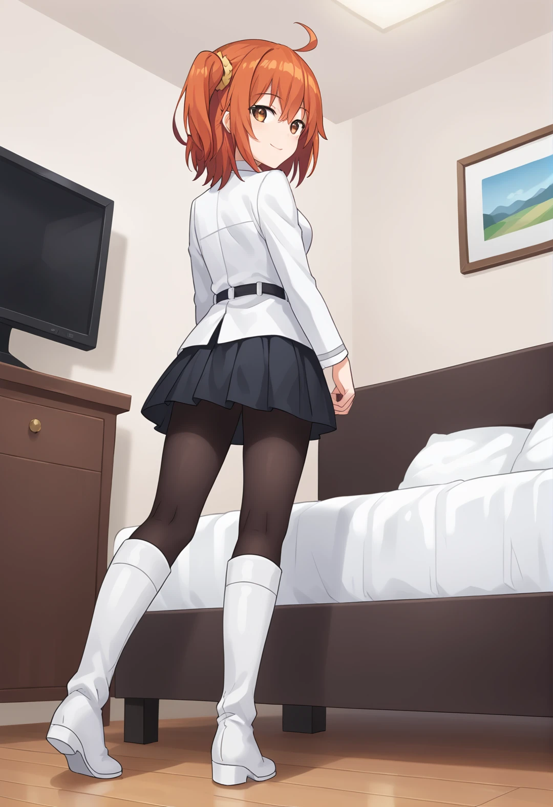 score_9, score_8_up, score_7_up, source_anime, masterpiece, best quality, highly detailed background, cinematic lighting, detailed eyes, detailed pupils, perfect face, fujimaru ritsuka, unique outfit, side ponytail, pantyhose, white boots, looking at viewer, standing, cute, smile, bedroom, bed, dresser, TV, low angle, facing away, looking back,
 <lora:Fujimaru Ritsuka (Female)_Pony:0.8>