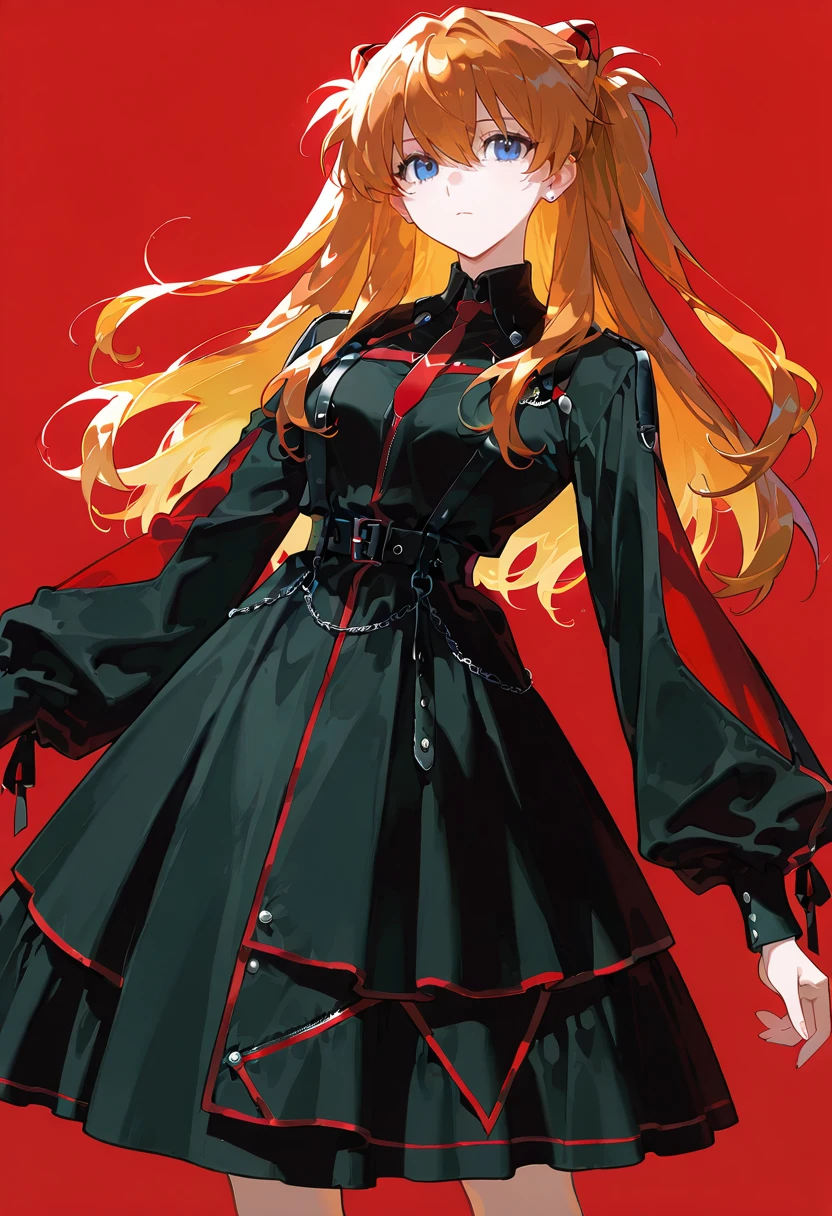 1girl,solo,looking at viewer, echo (circa), m dress, long sleeves, black dress, puffy long sleeves, belt, souryuu_asuka_langley