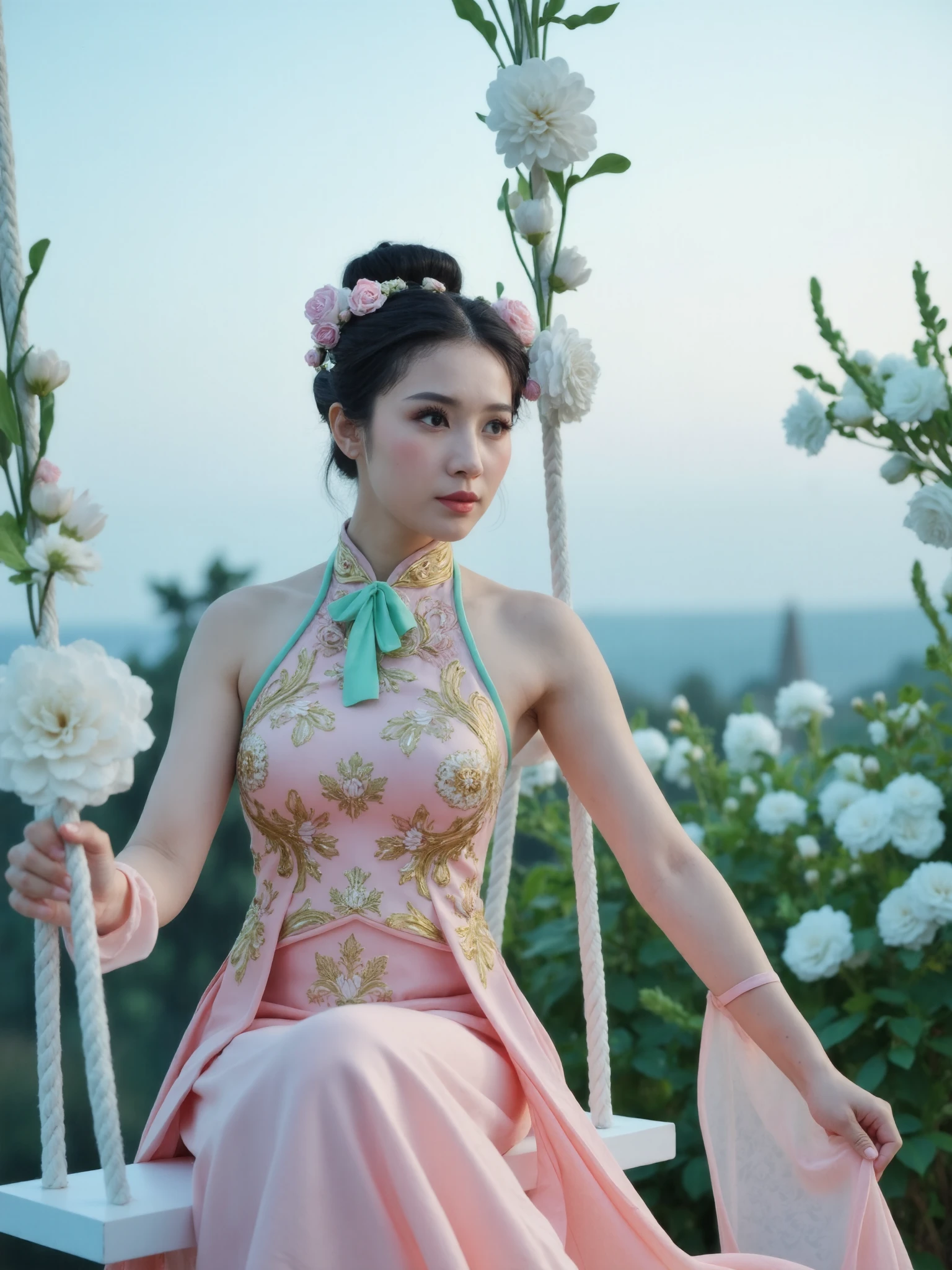 This is a high-resolution photograph of a young Asian woman dressed in traditional Chinese attire, specifically a pink and green qipao, a form-fitting dress. The qipao is intricately designed with floral motifs and features a high neckline adorned with golden embroidery and a green sash tied at the waist. The dress flows elegantly, with sheer, delicate pink fabric draping down to her feet.
The woman's hair is styled in an elaborate updo with soft, loose curls, adorned with delicate pink and white floral accessories. Her makeup is subtle yet accentuates her features with a soft pink lip and light eye shadow.
She is seated on a swing, which is suspended by white ropes and adorned with white, paper-like flowers, adding a whimsical, ethereal touch to the scene. The background is a soft, gradient sky transitioning from light blue to white, suggesting an outdoor setting. To her right, there are more white flowers and greenery, adding to the serene, natural ambiance.
The photograph captures the essence of traditional Chinese culture with its delicate fabrics, intricate designs, and soft, pastel colors, evoking a sense of grace and beauty.