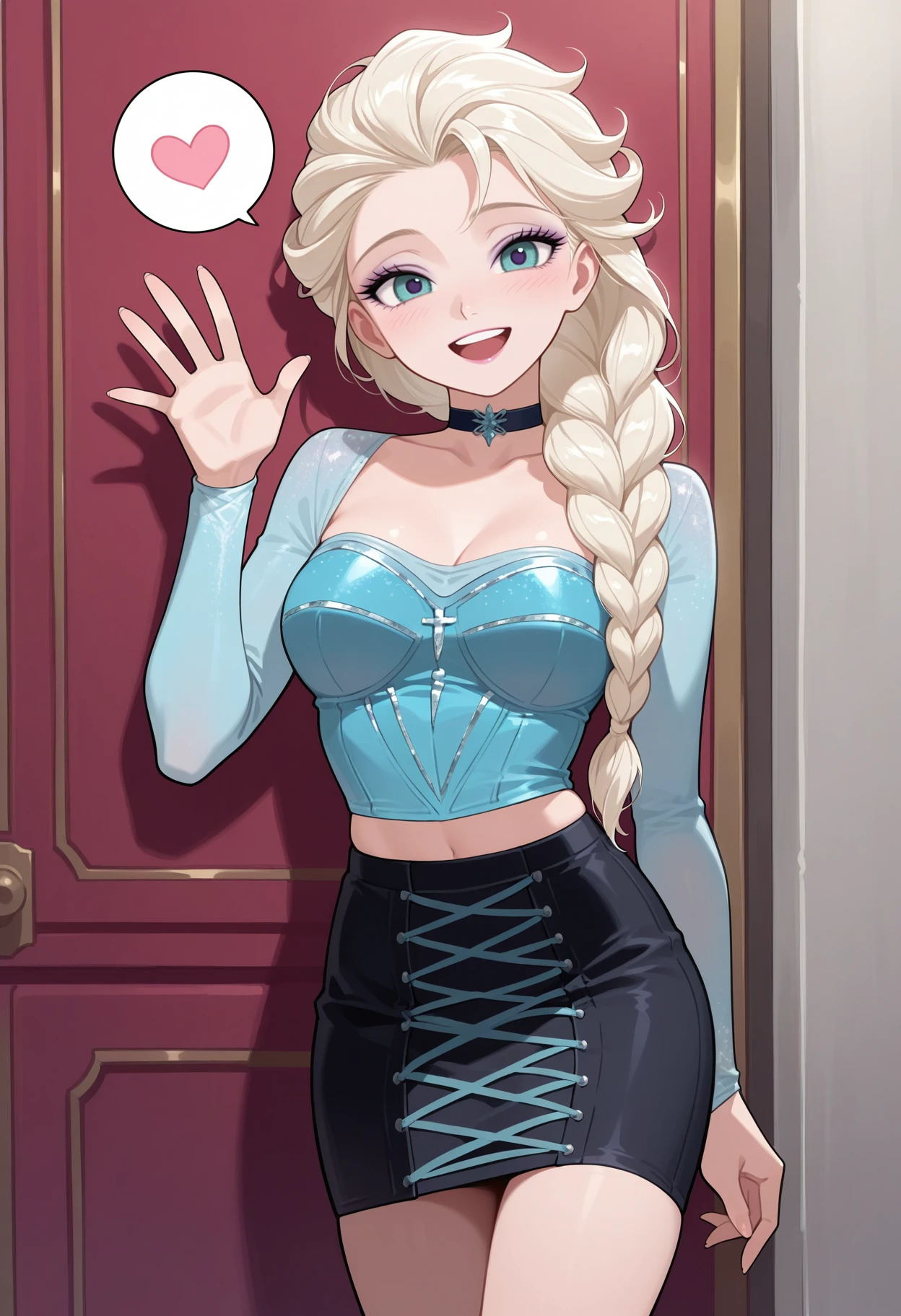 elsa \(frozen\),  1girl, solo, cowboy shot,facing, waving, happy, smiling, cross-laced skirt, pencil skirt, bustier, midriff, choker, spoken heart,    <lora:Outfit_soph-CrossLacedSkirt39-ILXL:0.8> masterpiece, best quality, very aesthetic, newest