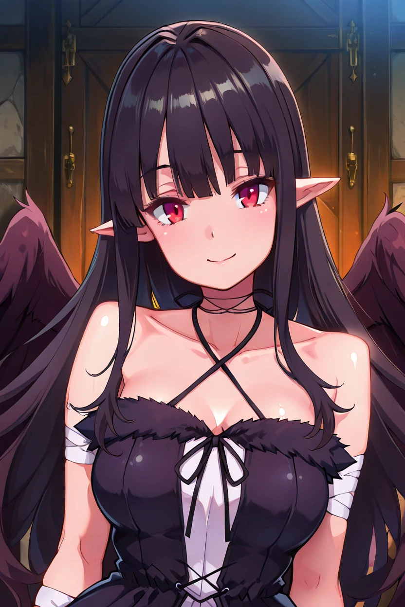 masterpiece, best quality, solo, curvy, beautiful eyes,,<lora:EveReeseIXL:1.0>, zzEve, long hair, bangs, black hair, red eyes, pointy ears,   black wings, bare shoulders, halterneck, black dress, collarbone, bandages,  upper body, smile, looking at viewer, shiny skin,