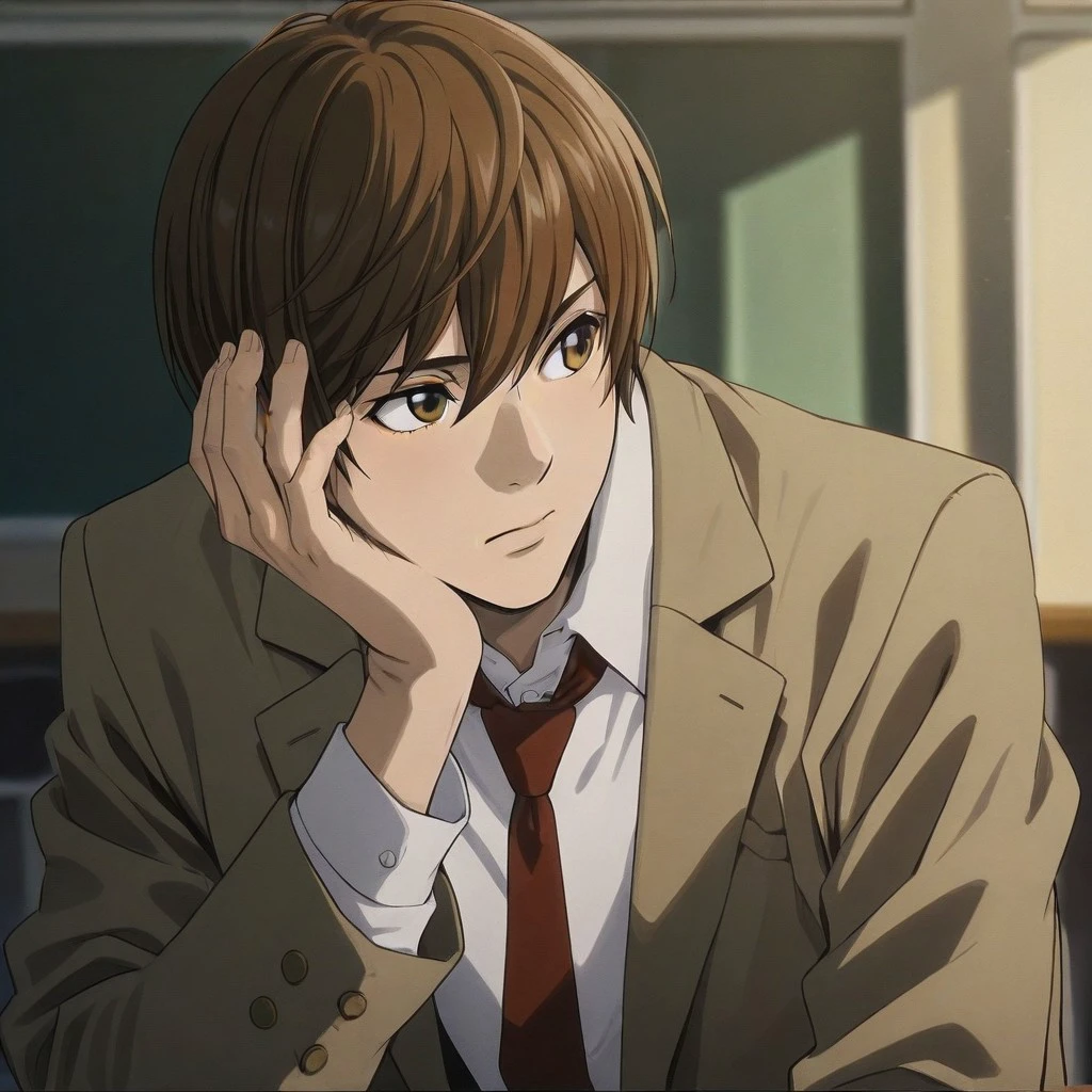 Expressiveh, score_9,score_8_up,score_7_up,verybadimagenegative_v1.3, negative_hand, short hair, brown hair, shirt, long sleeves, 1boy, brown eyes, closed mouth, school uniform, jacket, upper body, male focus, necktie, serafuku, blurry, looking to the side, red necktie, hand on own face, head rest, kita high school uniform Light_Yagami