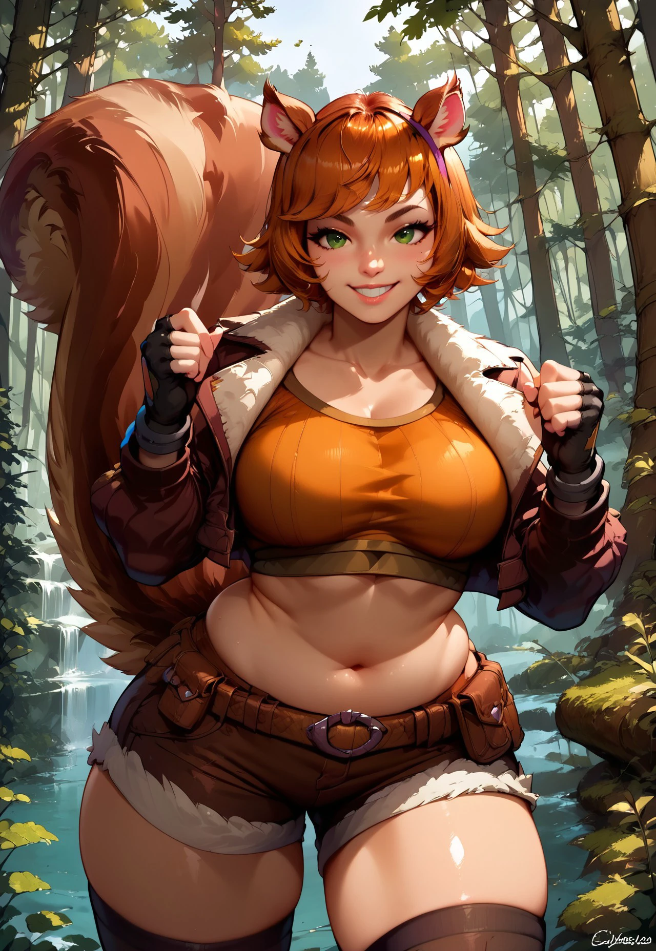 safe_pos,  <lora:Squirrel_girl:1> score_9, score_8_up, score_7_up, score_6_up, 1girl, perfect face, detailed face, plump, solo, cowboy shot, white background, crop top, open jacket, fingerless gloves, shorts, belt, thighhighs, short hair, sexy grin, perfect eyes, detailed eyes, squirrel girl, big thighs, big breasts, chubby belly, squirrel ears, smiling, standing, tail, squirrel tail, green eyes, belly showing, portrait, uper body portrait, partially covered in shadow, big ass, thick thighs,
suggestive pose, dynamic pose, sheer, forest, forest background,
 <lora:PerfectEyesXL:1>