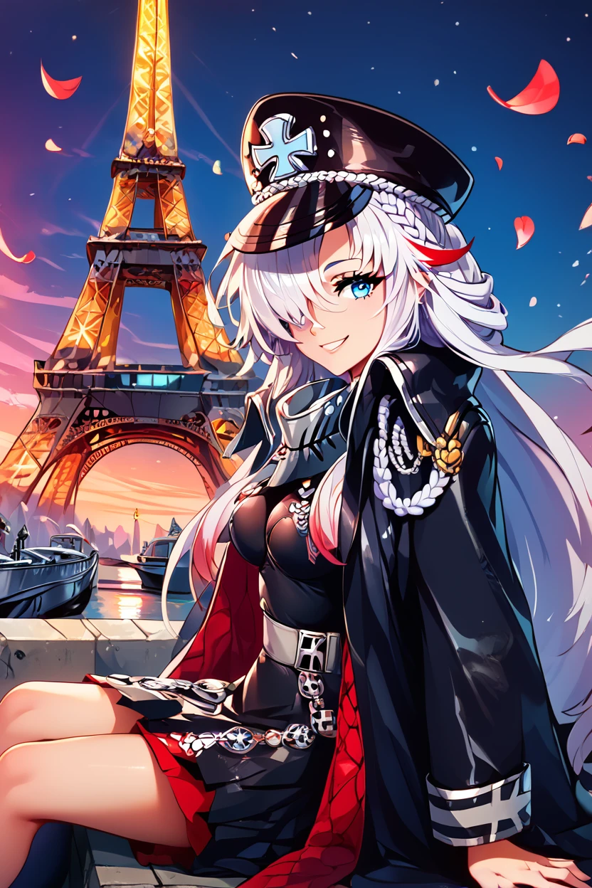 score_9, score_8_up, score_8, medium breasts, (curvy), cute, eyelashes, ,,, , ,,, zzOdin, blue eyes, hair over one eye, long hair, multicolored hair, red hair, streaked hair, two-tone hair, very long hair, white hair, hat, peaked cap, black headwear, coat, military hat, cross, black coat, iron cross, braid, <lora:Odin_Azurlane_PDXL:1.0>, ,,,, BREAK, zzEiffelTower in background, sitting, watercraft, boat, sitting on wall, side view, looking at viewer, smile, ,,, BREAK, blooming stars, luminescent petals, otherworldly fragrance blurry background, ,,, embedding:zPDXL, Expressiveh, ,,, <lora:EiffelTowerPDXL:1.0>, <lora:CatalystStylePDXL:0.6>, <lora:SDXLFaeTastic2400:0.5>, <lora:Expressive_H-000001:0.4>,