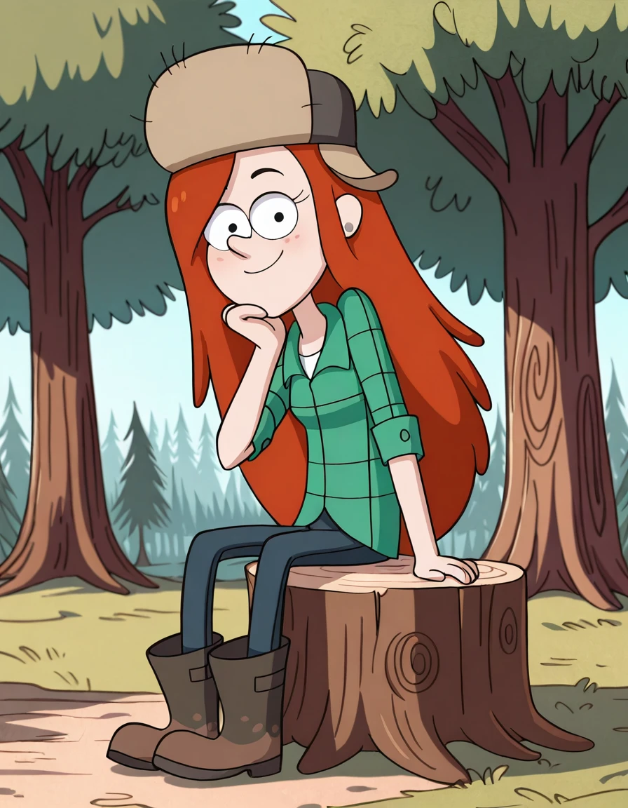 Cartoon girl sitting on a tree stump in a forest - SeaArt AI