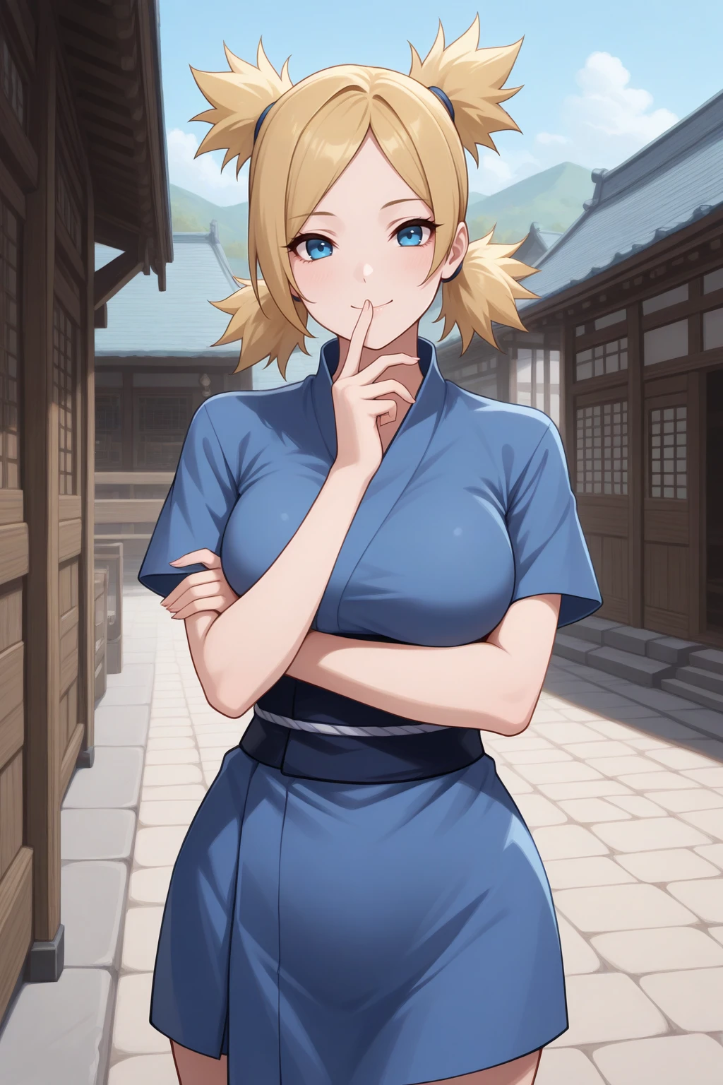 masterpiece, best quality, cowboy shot, looking at viewer, smile, 1girl, tmr, large breasts, blonde hair, blue eyes, quad tails, parted bangs, blue kimono, short sleeves, toeless legwear, crossed arms, hand to own mouth, outdoors, east asian architecture, medieval, town, <lora:Hoseki_Boruto_Temari_IllustriousXL_v1:1>