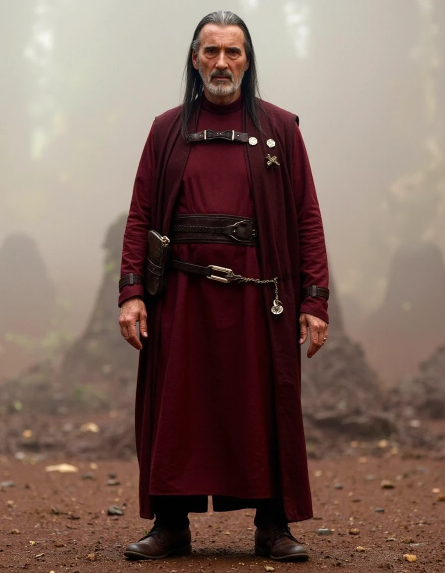 chr1570ph3rl33, [designed by Beth Conklin and Bella Kotak::1], photograph, Full length frame of a (an older man:1.3) Jedi knight, he is dressed in Kurti, his Kurti is Burgundy and has Pet store adornments on it, he has Black hair, shallow depth of field, Ultrarealistic, Orton effect, Nikon d850, F/2.8, realism, <lora:Christopher-Lee_F1D_v01e07:1>, intense, beautiful, vibrant, great compositionâââ