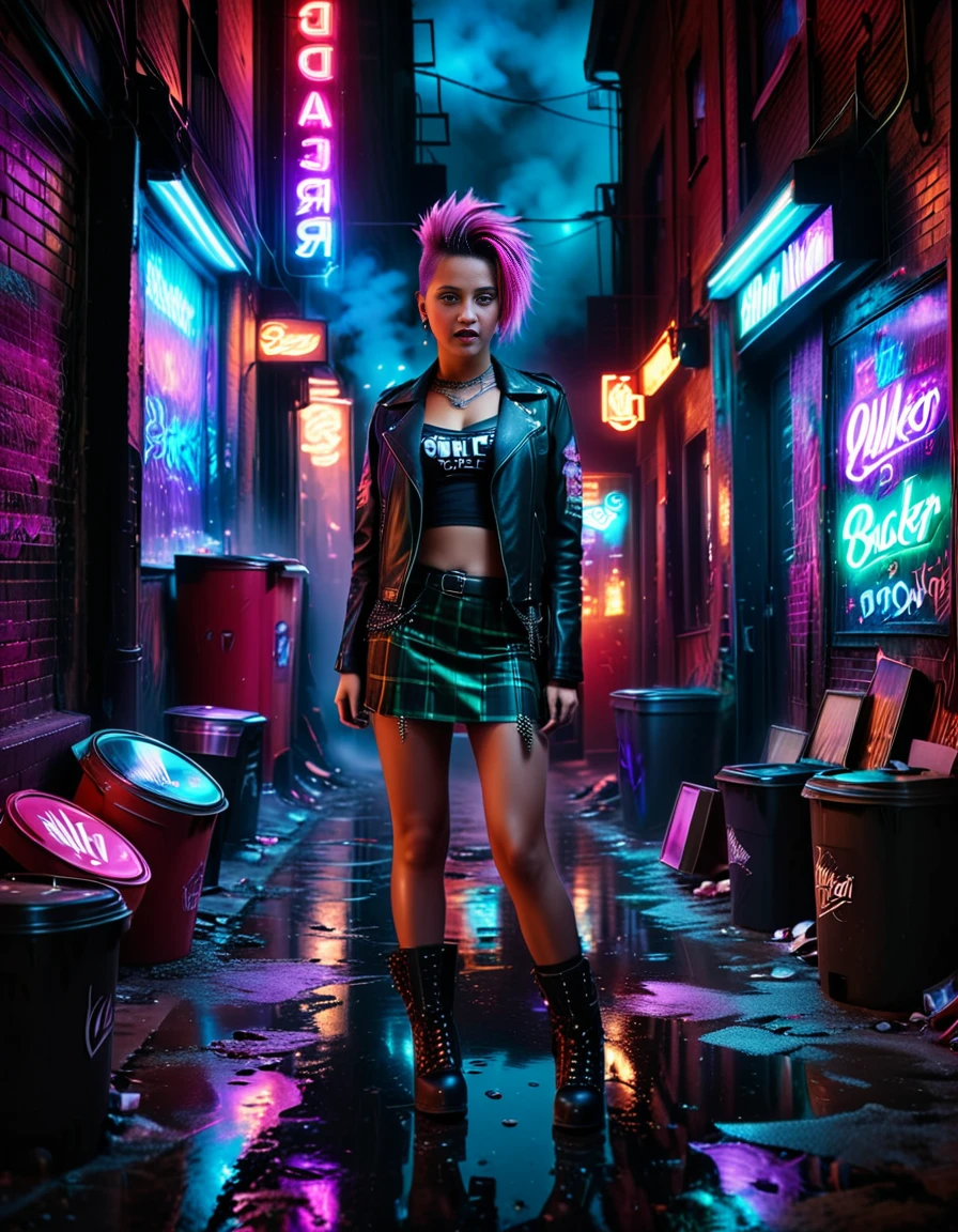 A young woman dressed in punk style standing confidently in a gritty alleyway,all3yway behind a strip club. She wears a leather jacket adorned with spikes, a ripped band T-shirt, a plaid skirt with chains, fishnet stockings, and combat boots. Her hair is styled in a bold mohawk dyed in vibrant colors like pink and green. Her expression is fierce and rebellious, with smudged dark eyeliner emphasizing her bold look. The alleyway is dimly lit with neon signs casting reflections on wet pavement. Trash bins, graffiti-covered walls, and a faint purple glow from a backdoor light add to the atmosphere. A hint of smoke lingers in the air, completing the urban, edgy vibe of the scene.<lora:SDXLFaeTastic2400:0.4> <lora:extremely_detailed:0.4> extremely detailed, <lora:all3yway:1>, Masterpiece,best quality,hi res,8k,hi res,8k,award winning,(sharp focus, intricate, highly detailed),