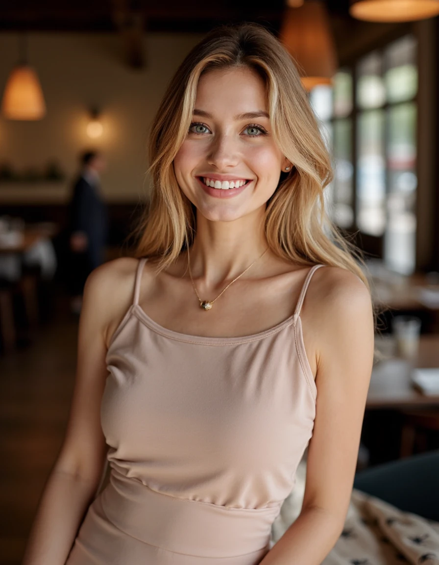 This is a  beautiful photograph of a woman, blonde hair cascading over her shoulders. She is wearing a boatneck dress, Standing in a cafe. Looking at the viewer. Smile.