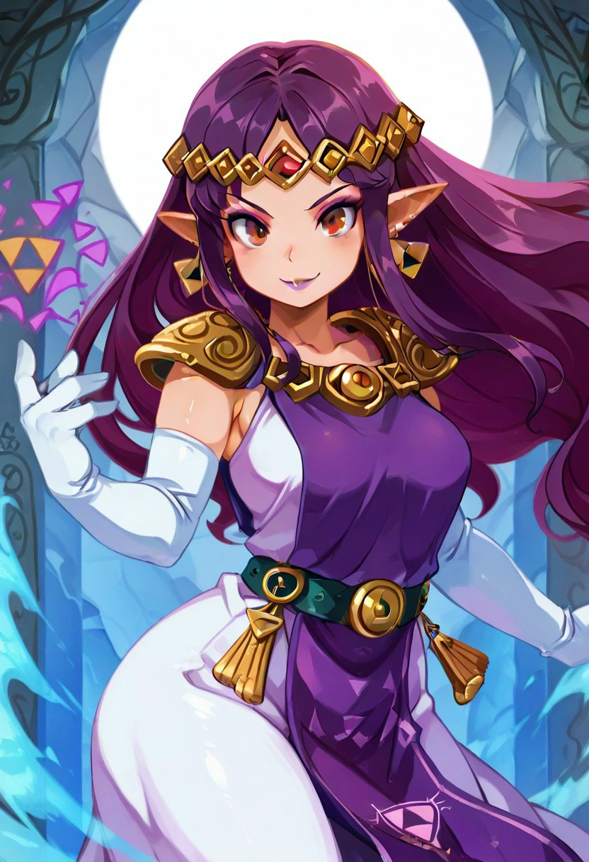 masterpiece, best quality, solo, curvy, beautiful eyes,
zzHilda, red eyes, purple hair, long hair, pointy ears,  tiara, white gloves, dress, elbow gloves, jewelry, makeup, earrings, purple tabard, triforce, shoulder armor, tiara, dynamic pose, purple magic, cowboy shot, smile, looking at viewer, shiny skin,