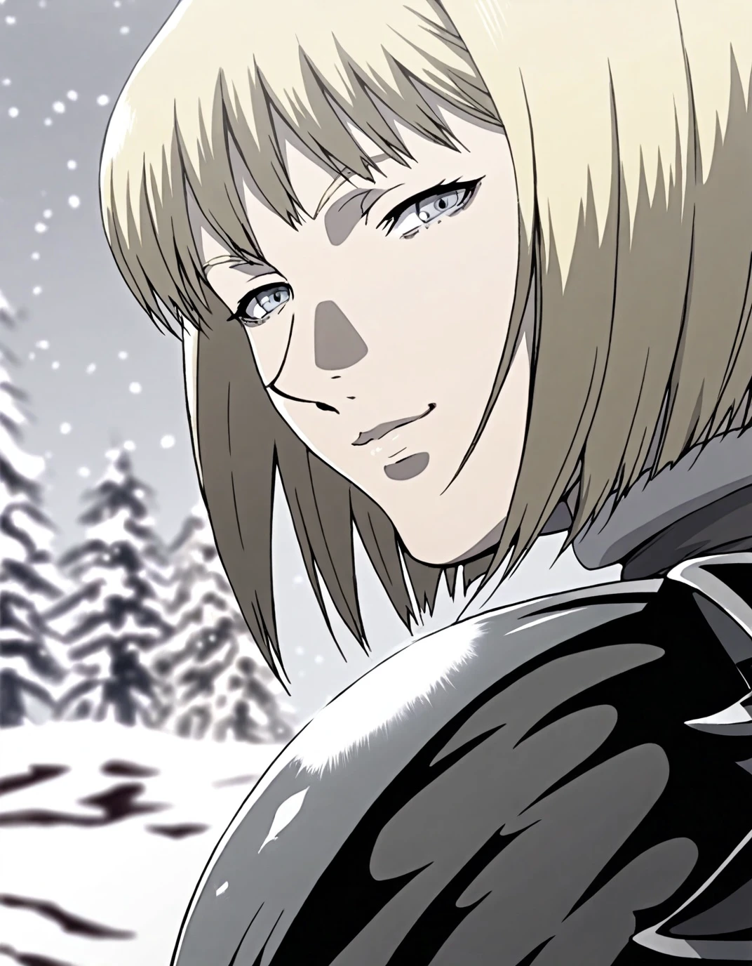 Solo, from behind, clare, short hair, blonde hair, grey eyes, (detailed eyes), blunt bangs, white bodysuit, pauldrons, cape, tired, half closed eyes, small tired smile, snow, looking back at viewer, close-up, blurry background, rocks,