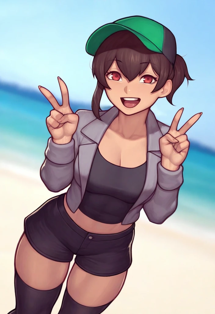 1girl,
asura \(asurauser\), red eyes, brown hair, short hair, v, green baseball cap, black shirt, grey jacket, black shorts, sunny, beach, blurred background, smile, dutch angle, collarbone, standing, ponytail, hat, black headwear, thighhighs, jacket, solo, long sleeves, day, :d, outdoors, baseball cap, looking at viewer, cleavage, shorts, open mouth, breasts, alternate costume, shirt, photo background, medium breasts,
masterpiece, best quality, very aesthetic, newest, absurdres
<lora:Rae-1.0:1>