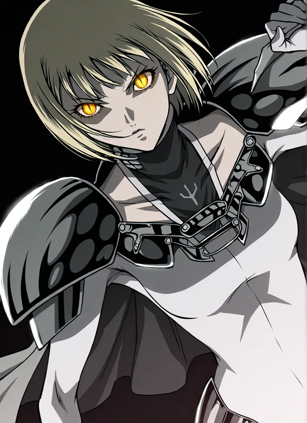 Solo, Clare, Short hair, Blonde hair, Blunt bangs, White bodysuit, Pauldrons, Cape, white gloves, cuffs, Lower armour, yellow eyes, (detailed eyes), slit pupils, glowing eyes, collarbone, (insignia), armoured footwear, dynamic pose, serious, dutch angle, black background, side lighting, looking at viewer, best quality, masterpiece